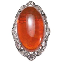 Modern Fire Opal, Diamond and Platinum Cluster Ring