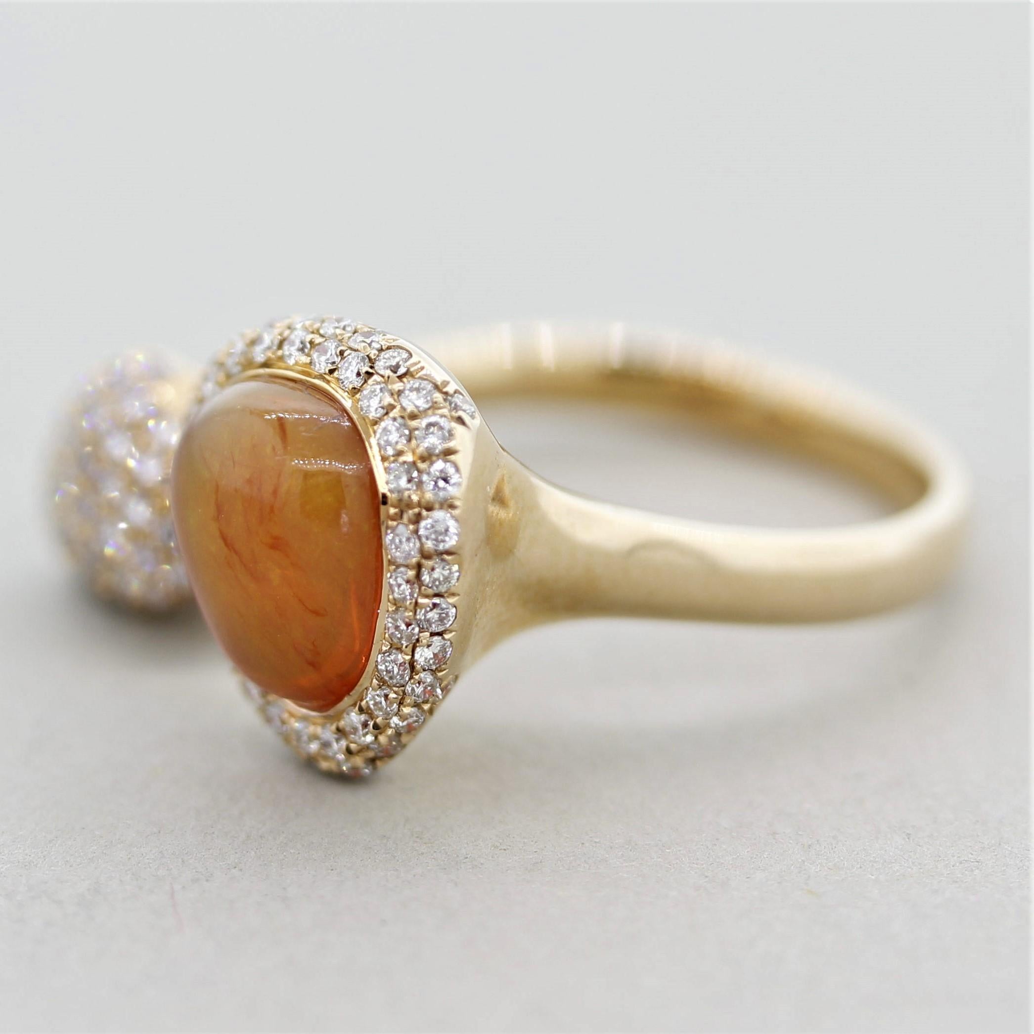 Mixed Cut Modern Fire Opal Diamond Gold “Twin” Ring For Sale