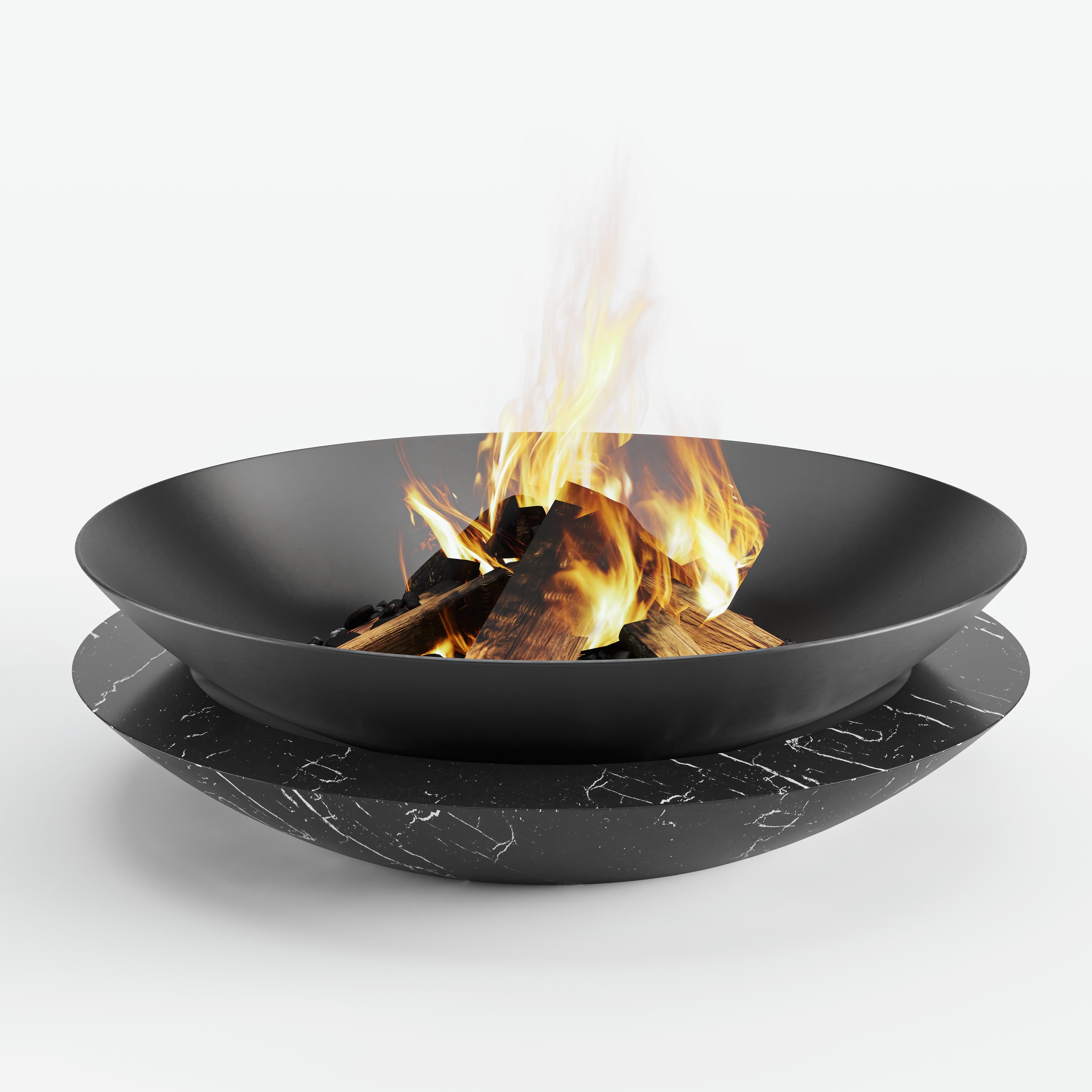 Portuguese Fire Pit in Black Carbon Steel and Nero Marquina Marble