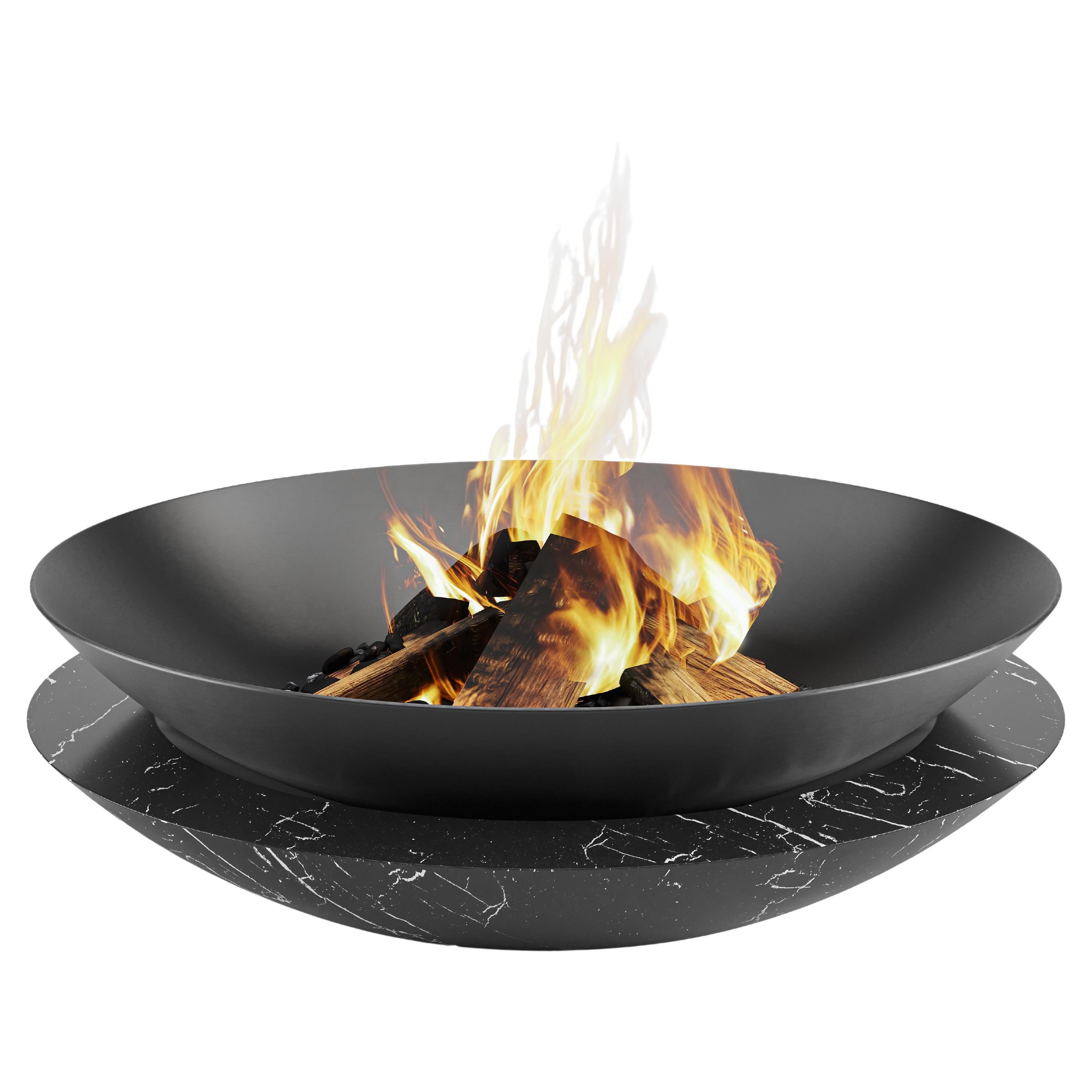 Fire Pit in Black Carbon Steel and Nero Marquina Marble For Sale
