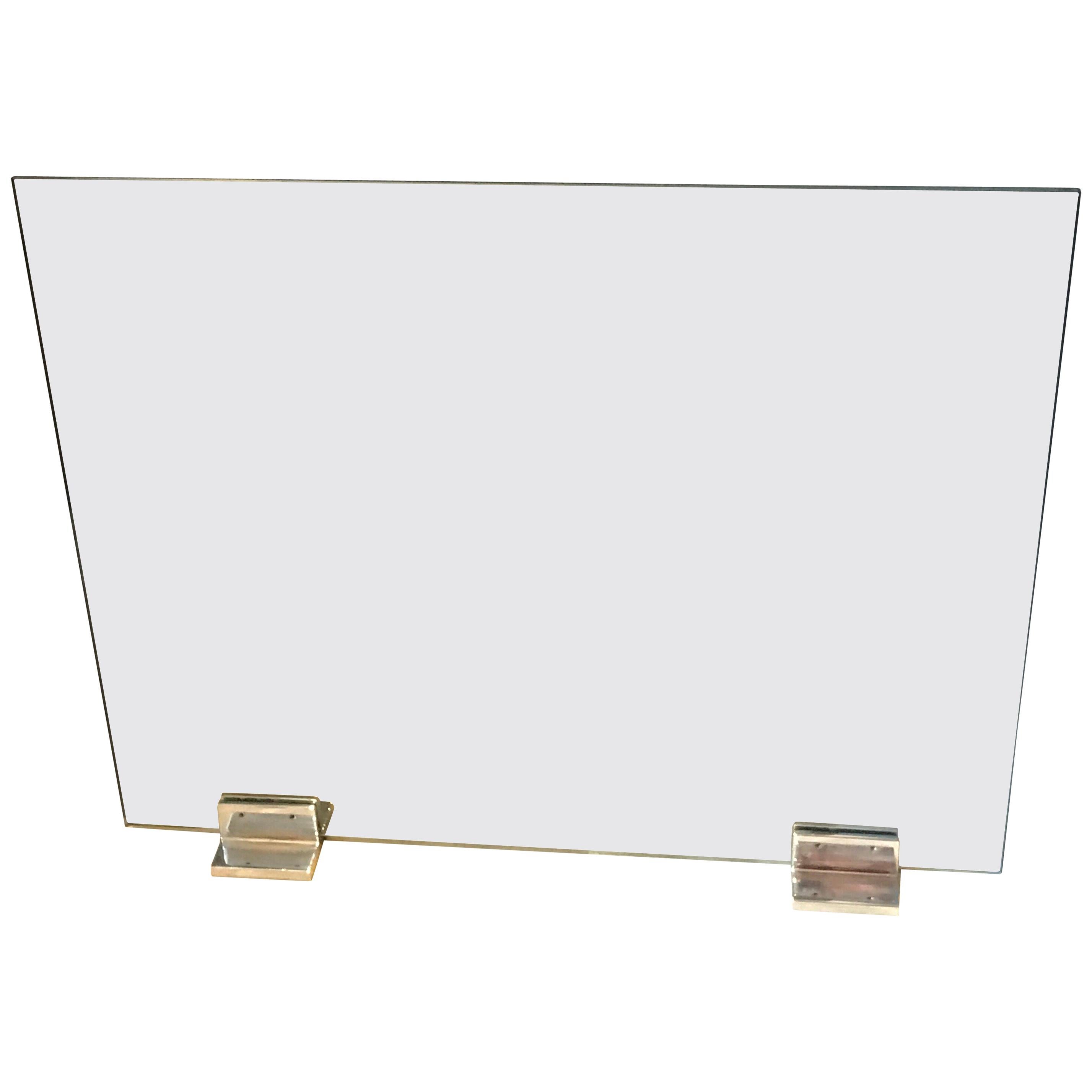 Modern Fire Screen in Silver Plated Brass and Tempered Glass