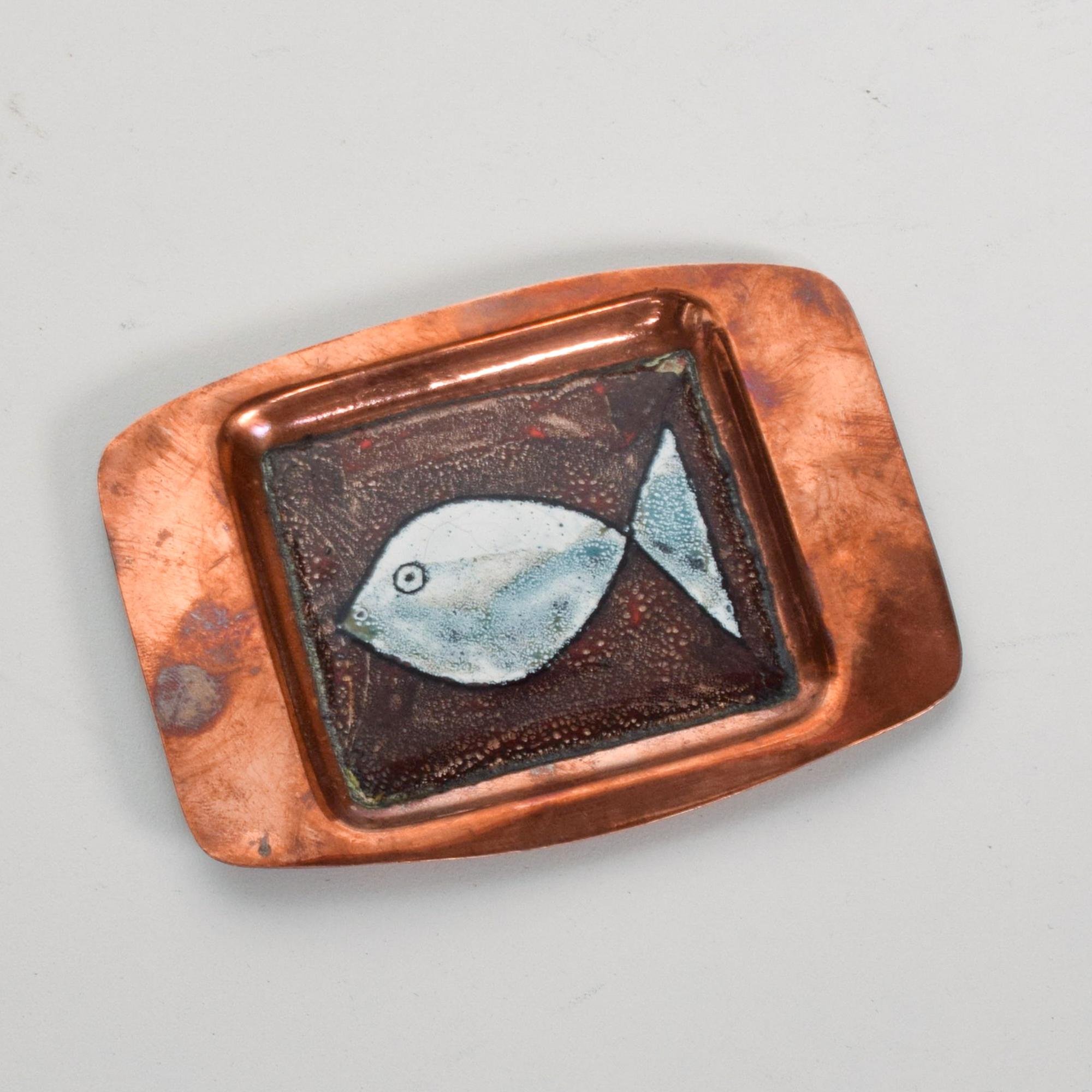 Mid-Century Modern 1970s Fish Art Copper Enamel Decorative Plate Maggie Howe