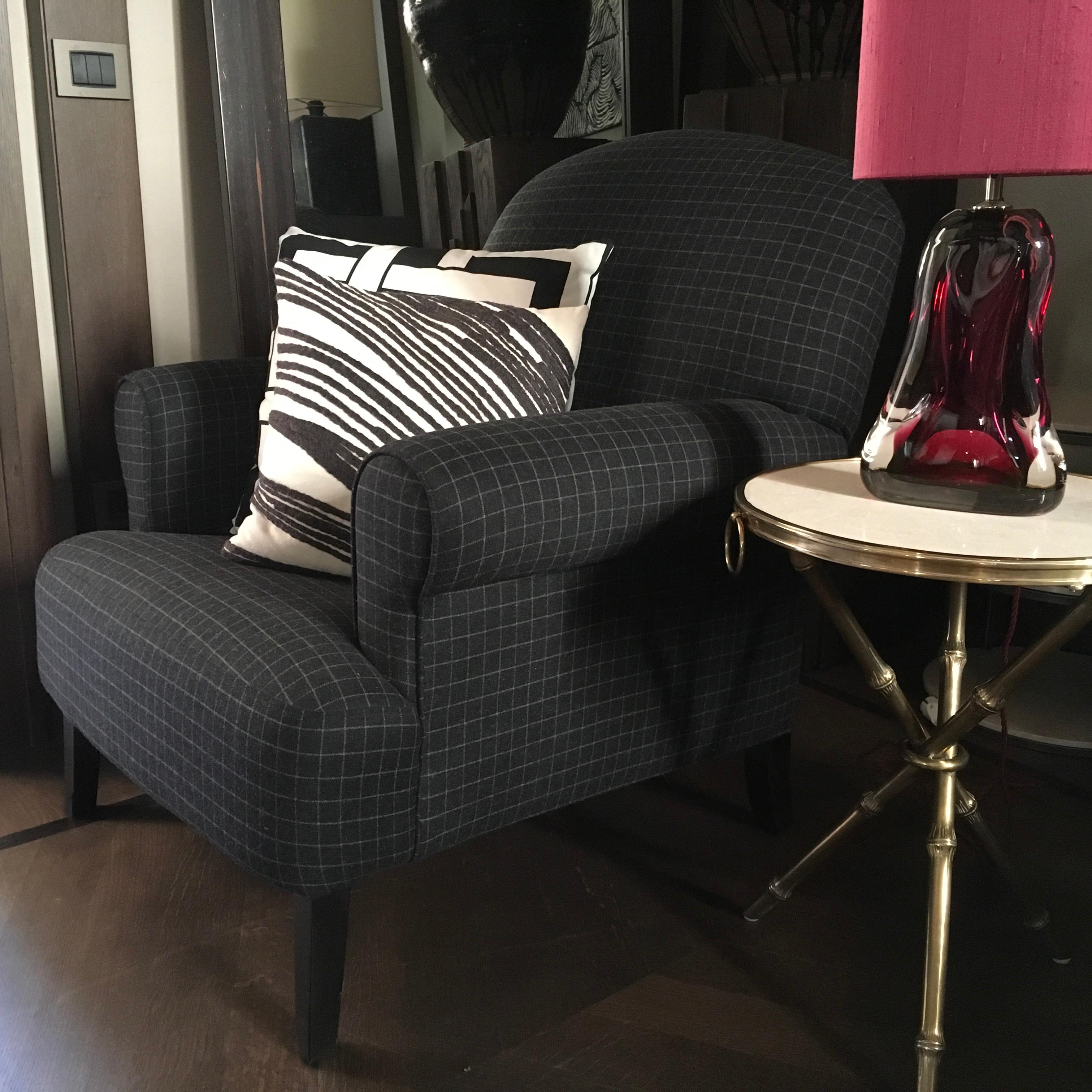 Belgian Checkered Grey Fabric Upholstered Armchair
