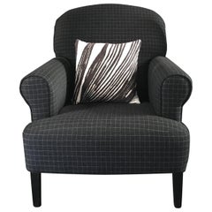 Checkered Grey Fabric Upholstered Armchair