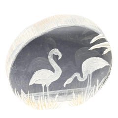 Modern Flamingos In Water Round Reverse Carved Lucite Paperweight Sculpture