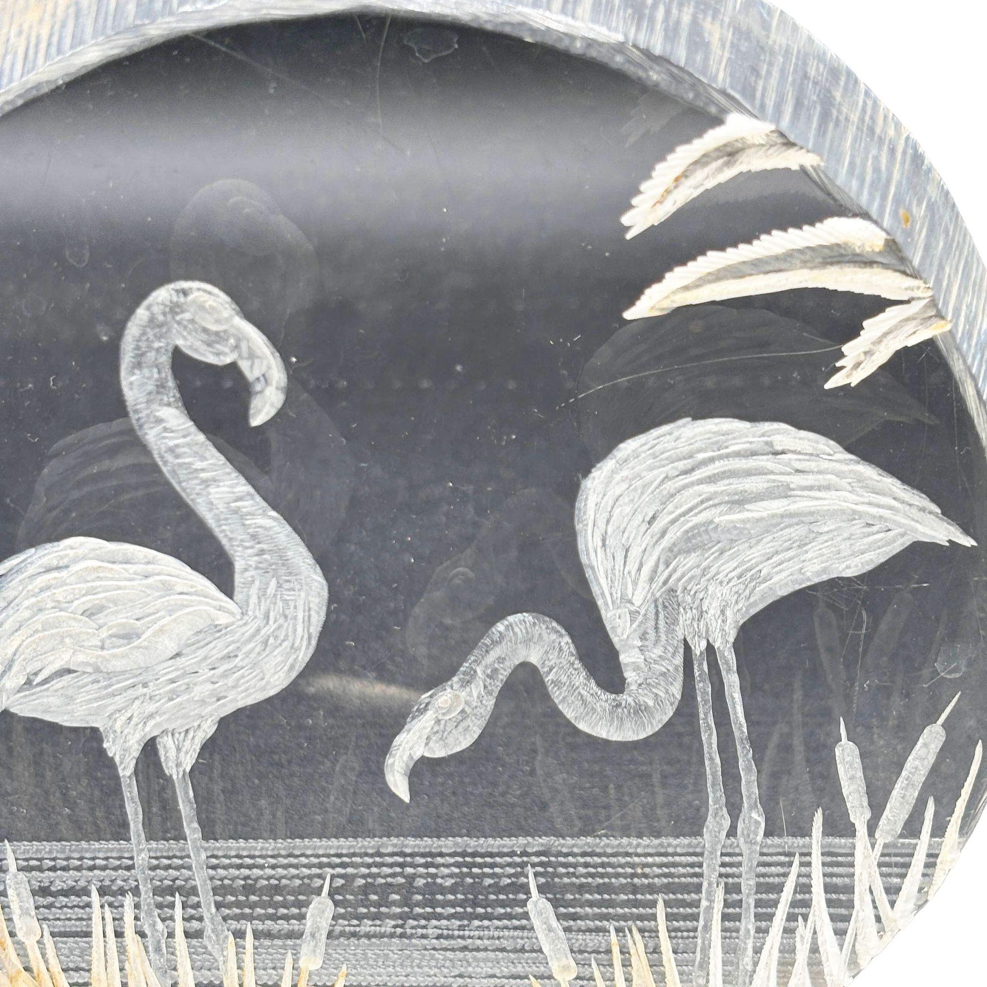 Late 20th Century Modern Flamingos In Water Round Reverse Carved Lucite Paperweight Sculpture For Sale