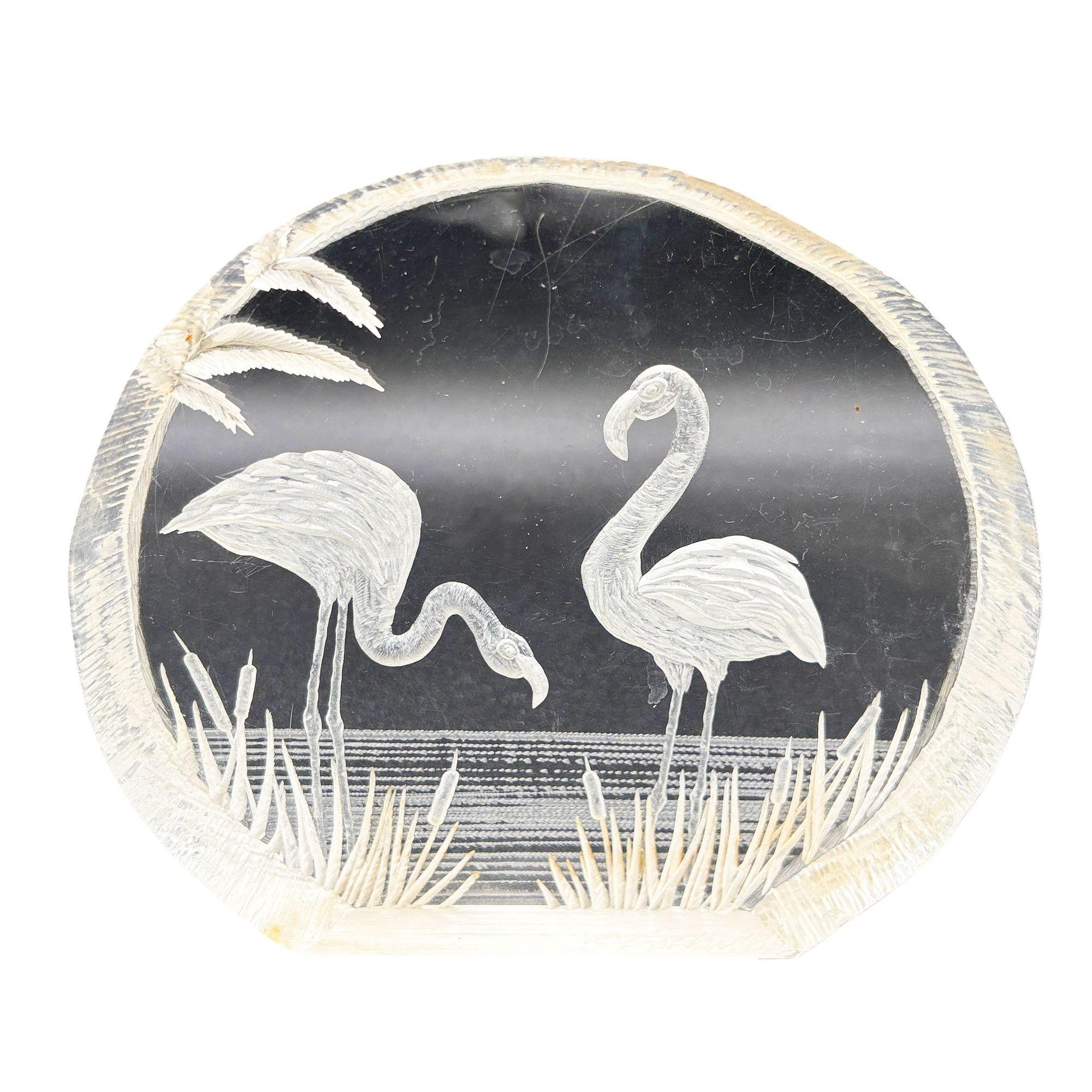 Modern Flamingos In Water Round Reverse Carved Lucite Paperweight Sculpture For Sale 1