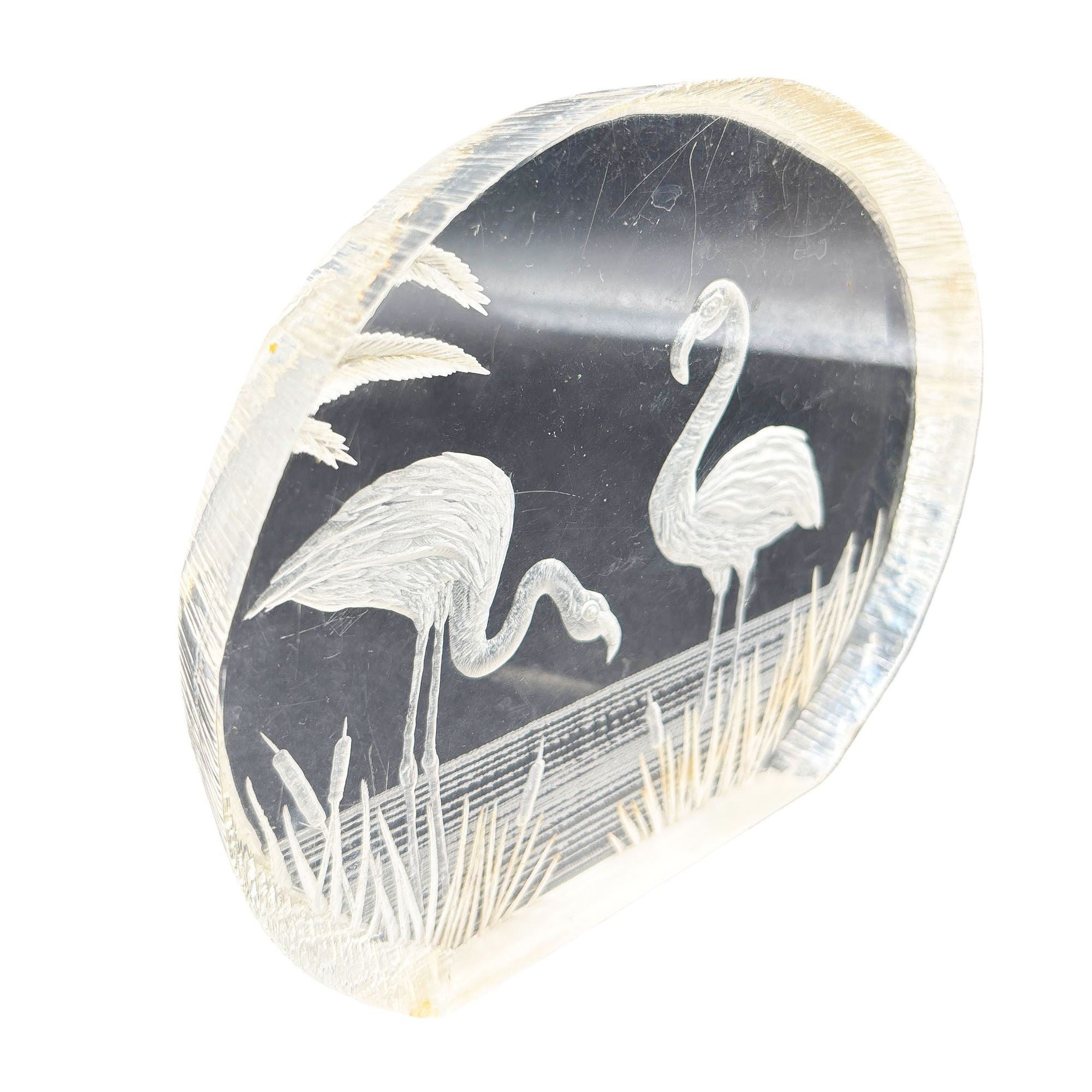 Modern Flamingos In Water Round Reverse Carved Lucite Paperweight Sculpture For Sale