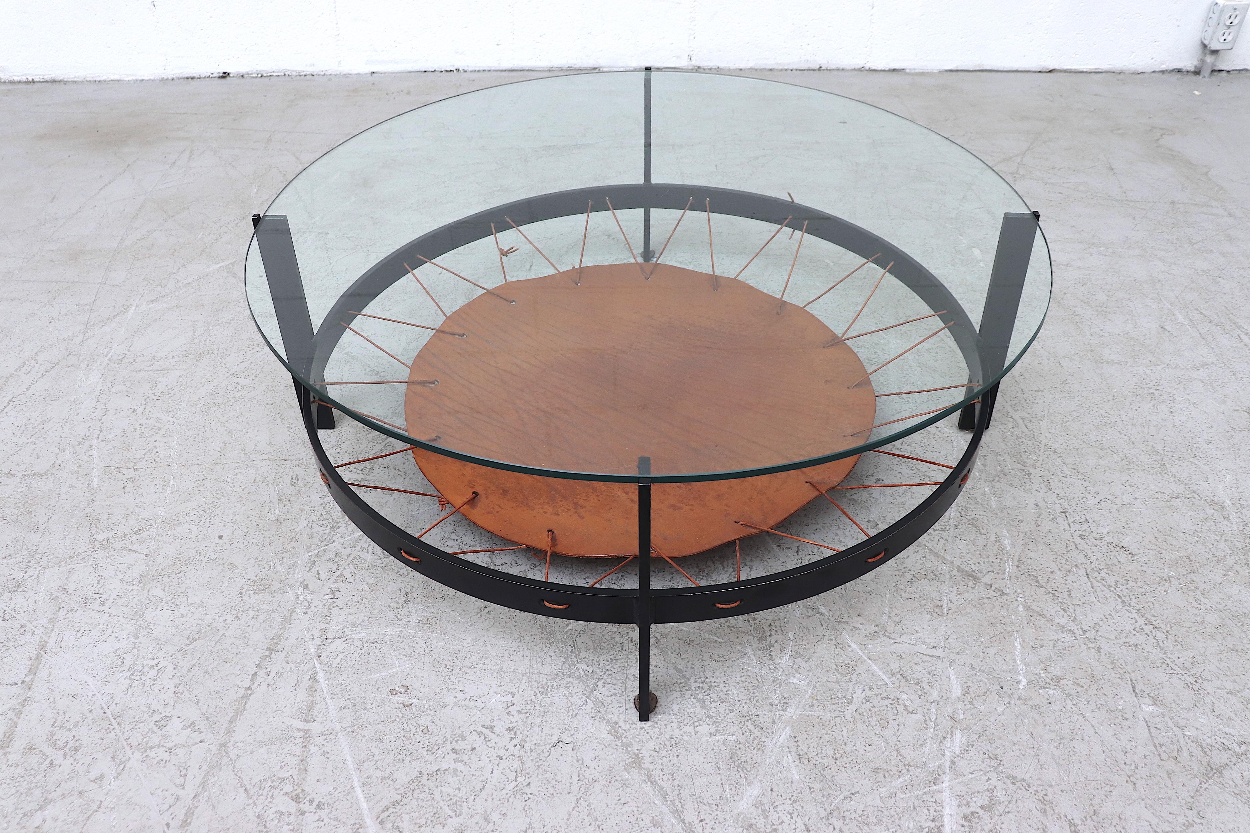 Mid-Century Modern Modern Flat Iron, Metal, Leather and Glass Coffee Table