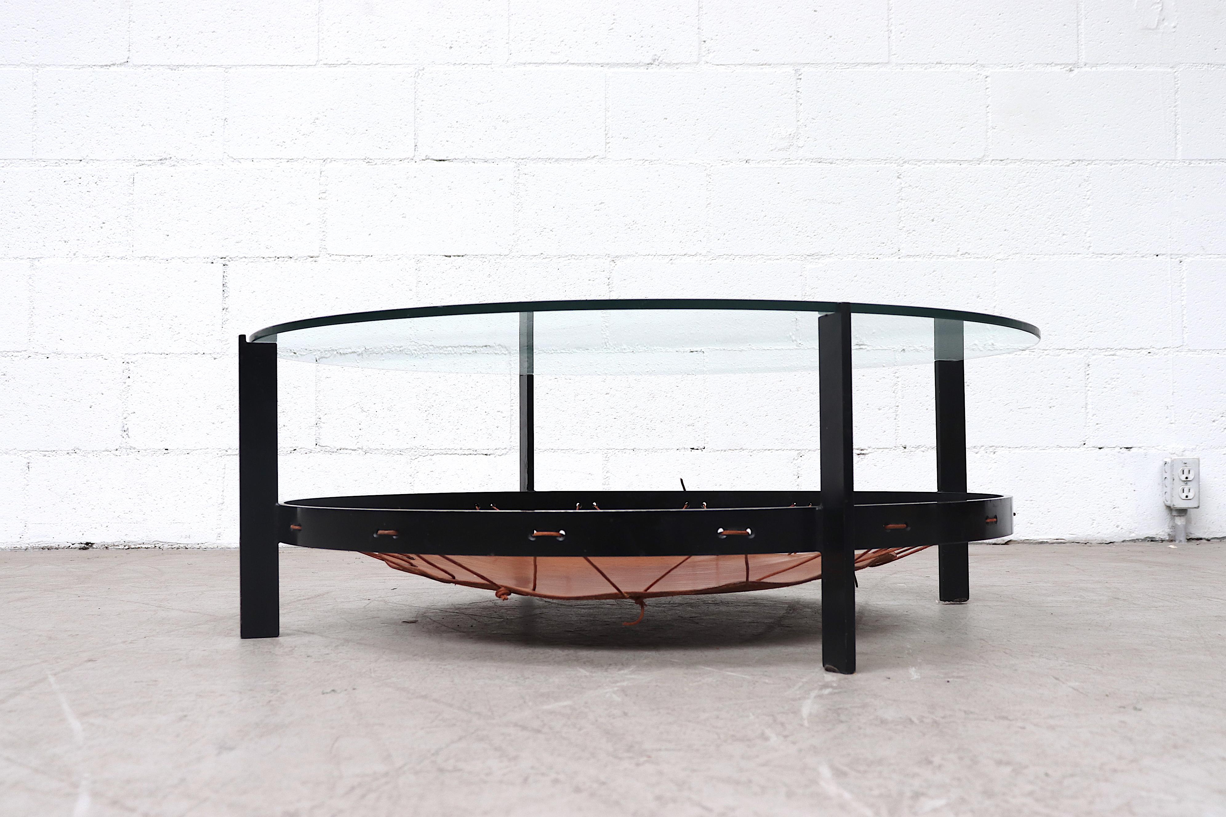 Dutch Modern Flat Iron, Metal, Leather and Glass Coffee Table