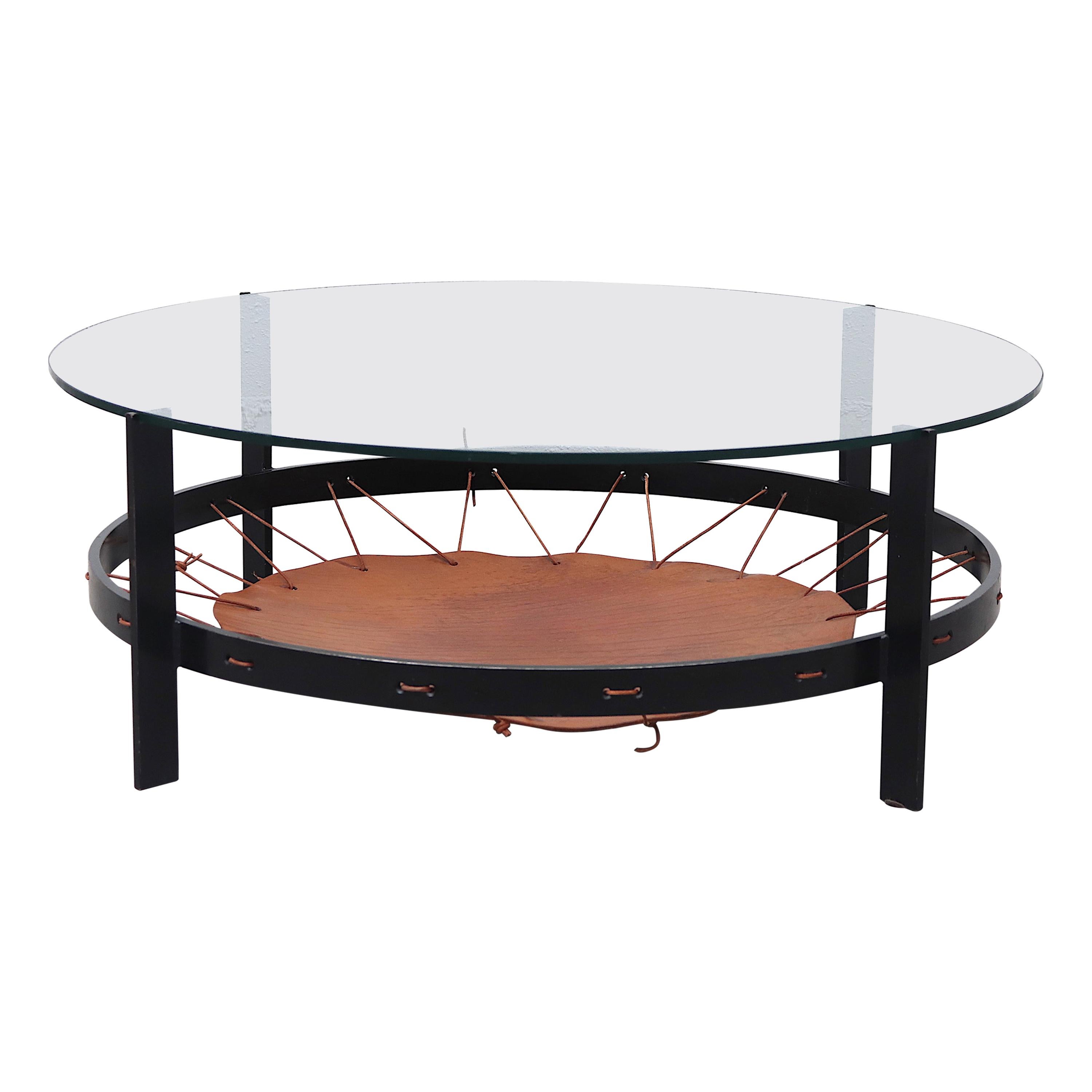 Modern Flat Iron, Metal, Leather and Glass Coffee Table