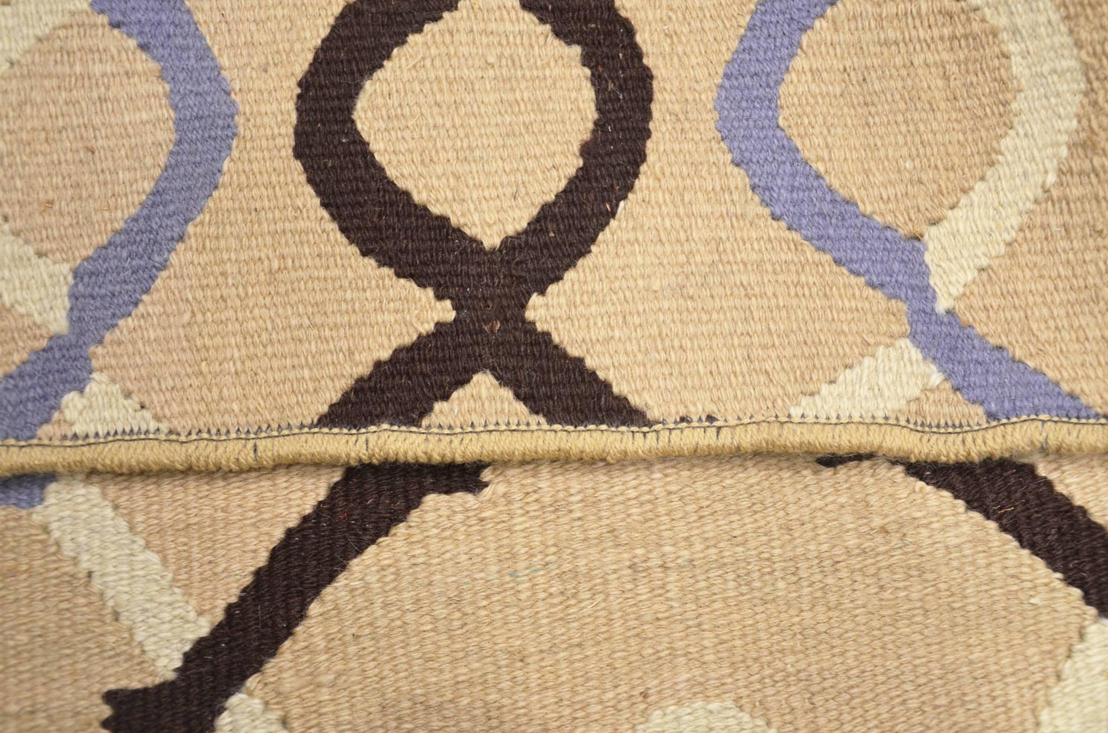 Hand-Woven Modern Flat Kilim-Style Wool Walkway in Beige and Purple. 3.75 x 0.80 m For Sale