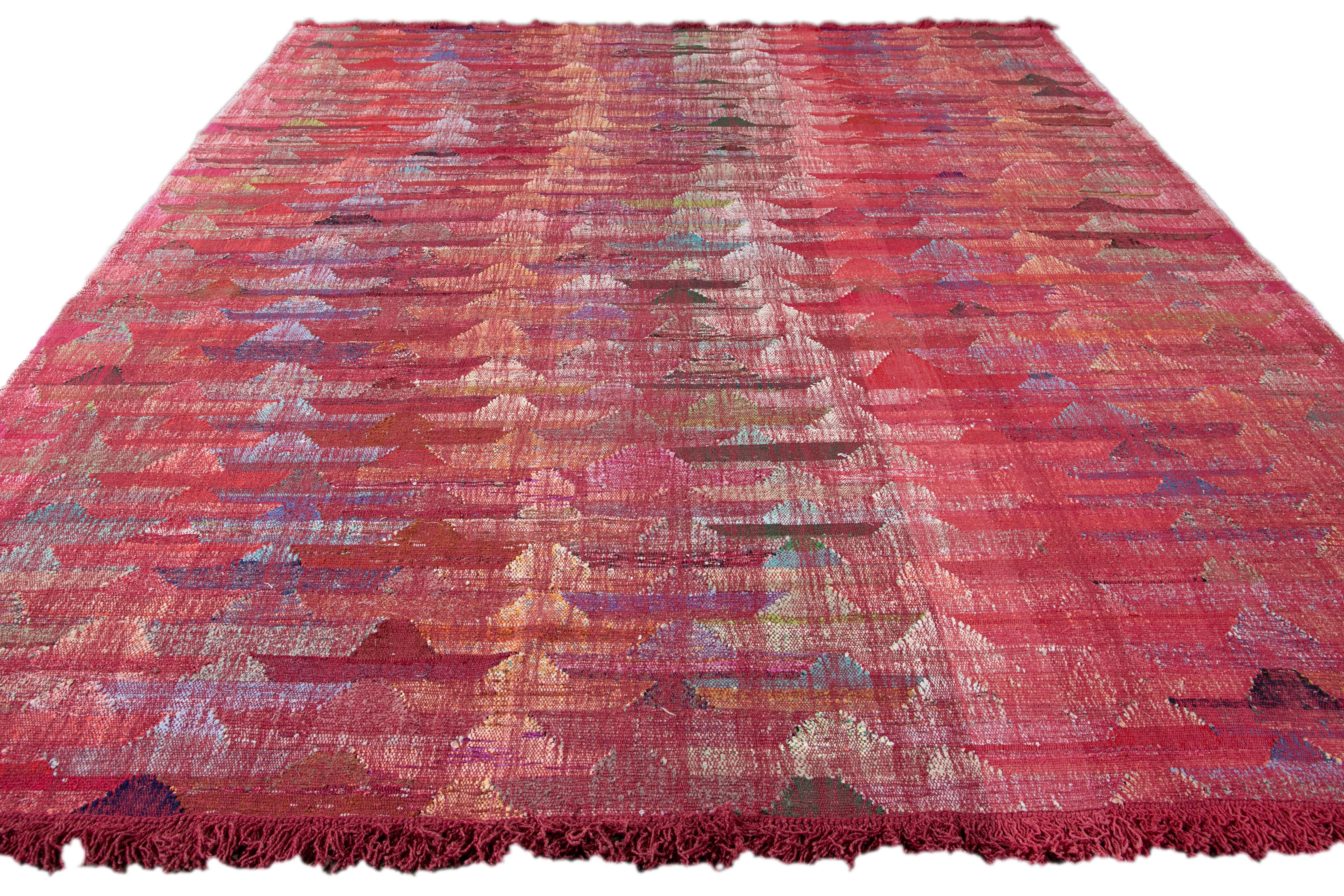 Kilim Modern Flat-Weave Abstract Handmade Multicolor Wool Rug For Sale