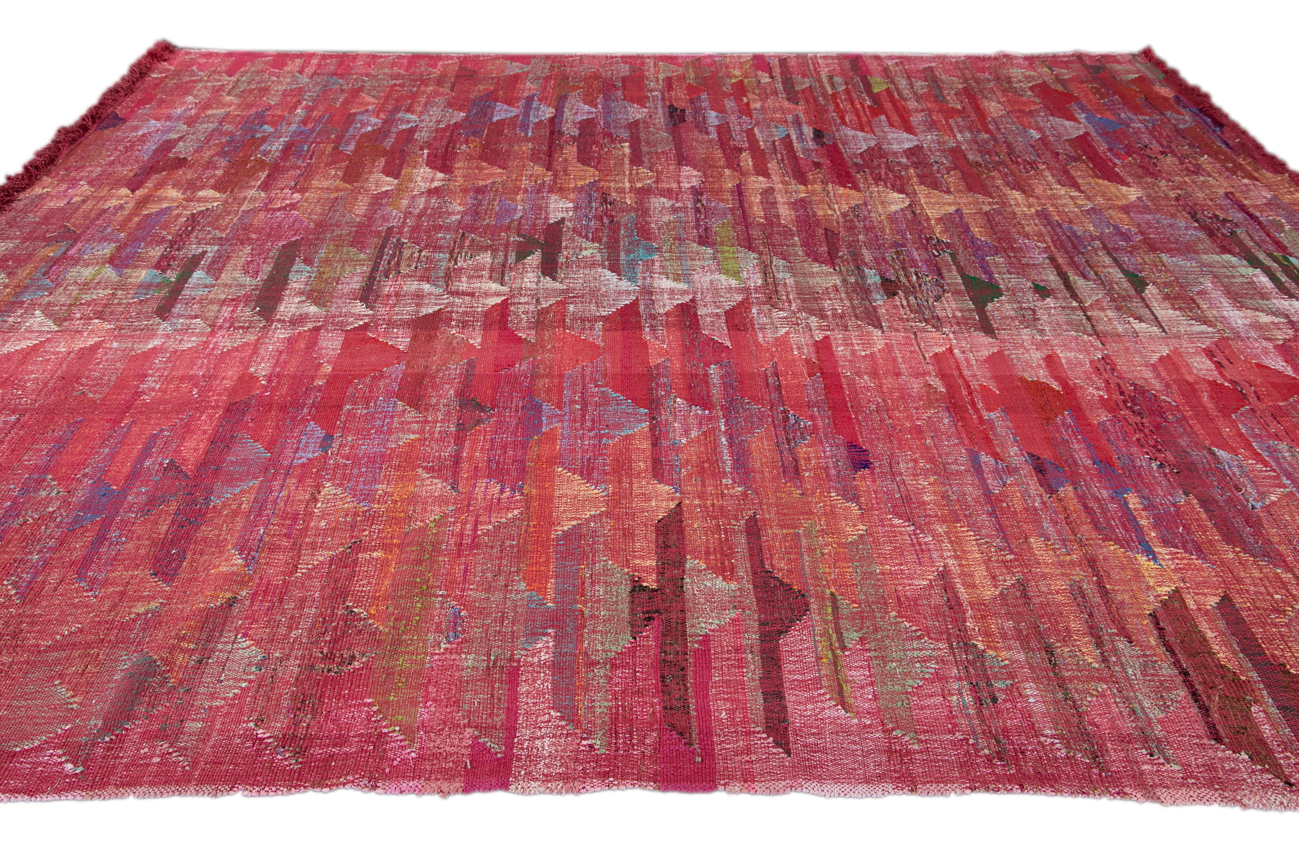 Hand-Knotted Modern Flat-Weave Abstract Handmade Multicolor Wool Rug For Sale