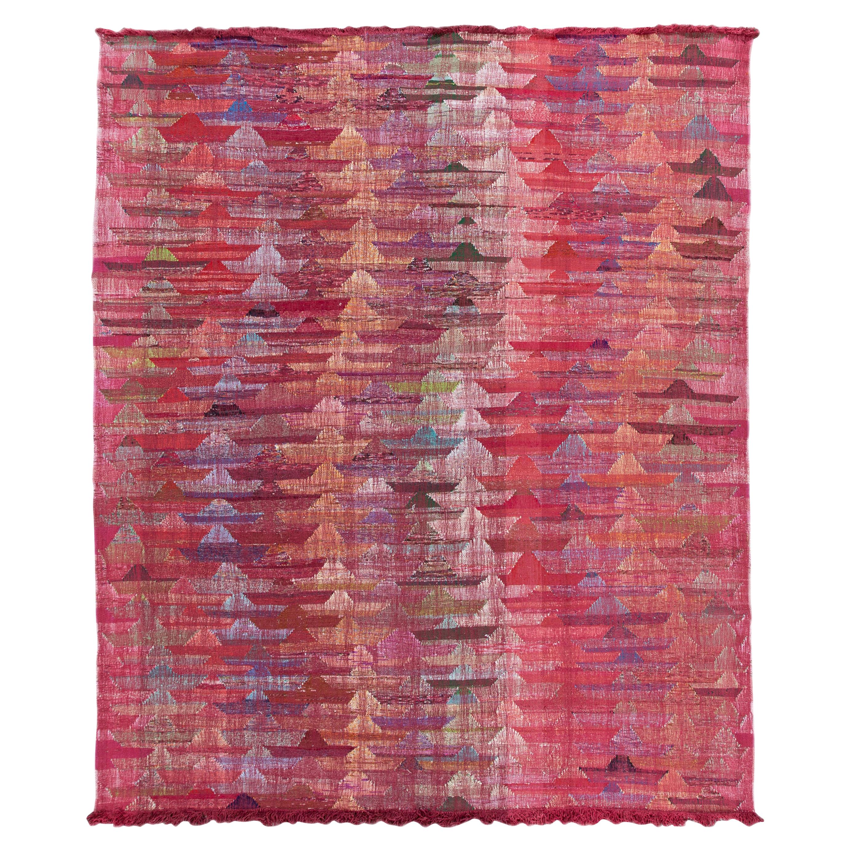 Modern Flat-Weave Abstract Handmade Multicolor Wool Rug For Sale