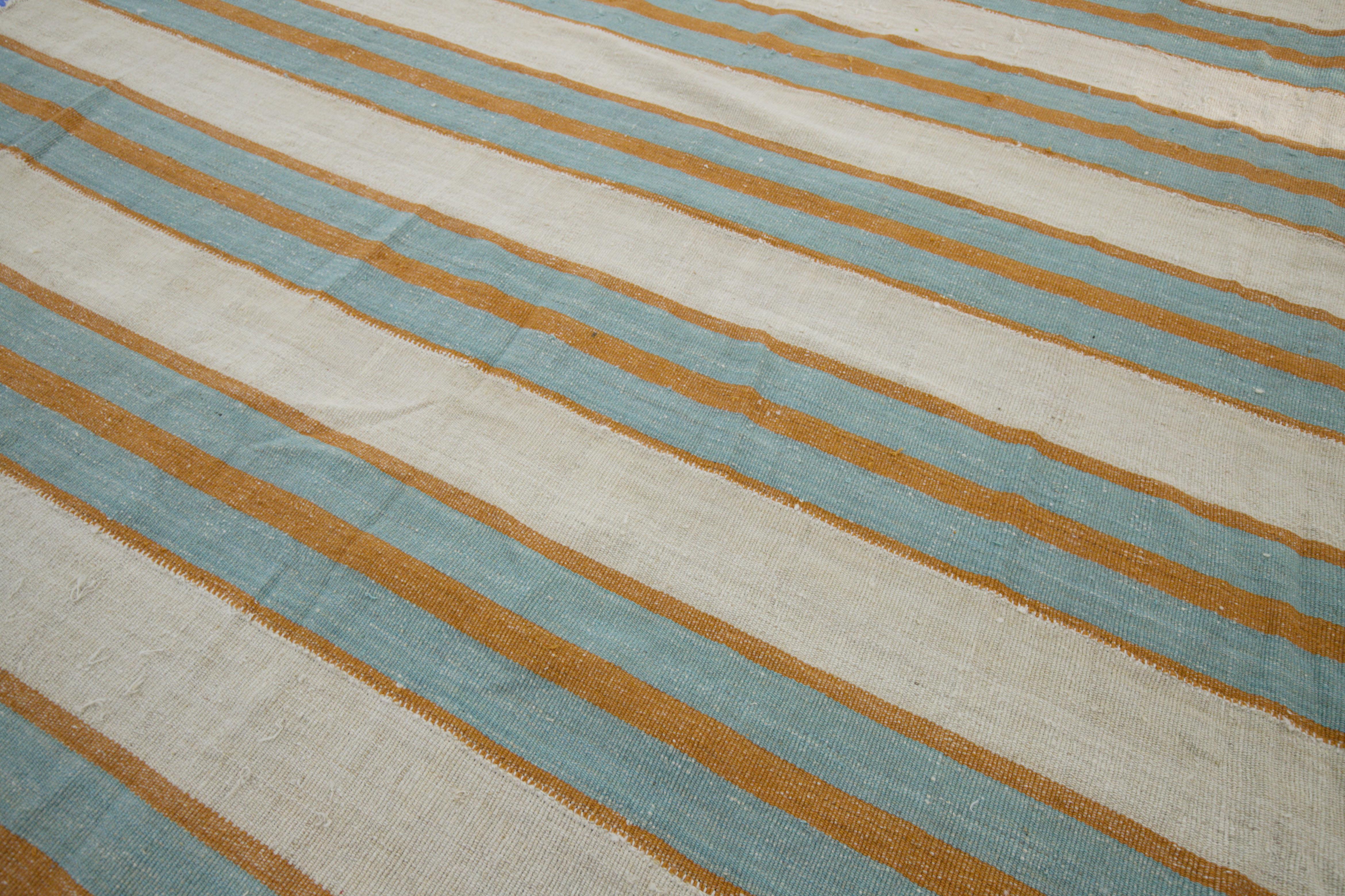 Turkish Modern Flat-Weave Kilim Rug in Ivory with Blue & Orange Stripes For Sale