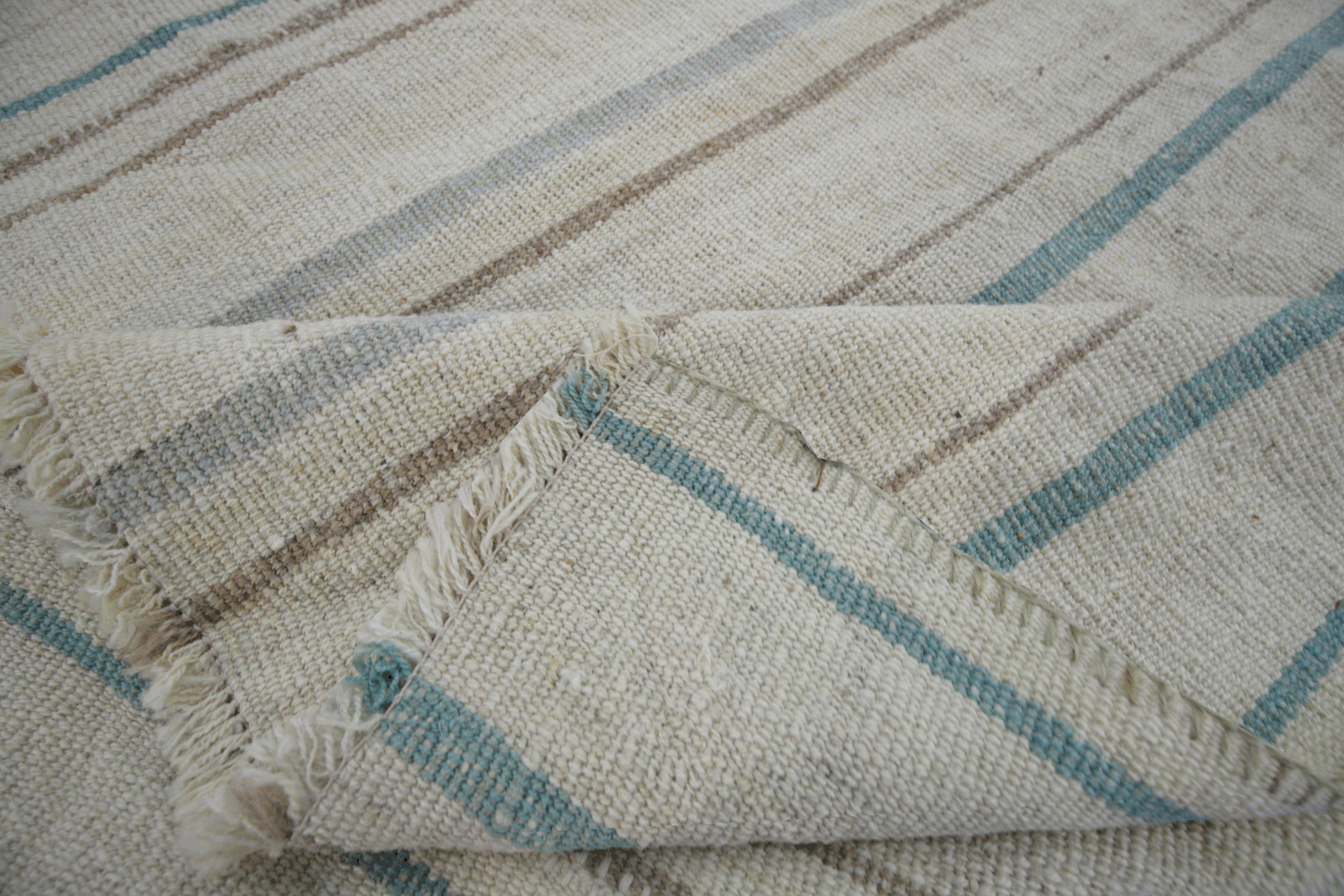 Oushak Modern Flat-Weave Kilim Rug in Ivory with Brown and Green Stripes For Sale