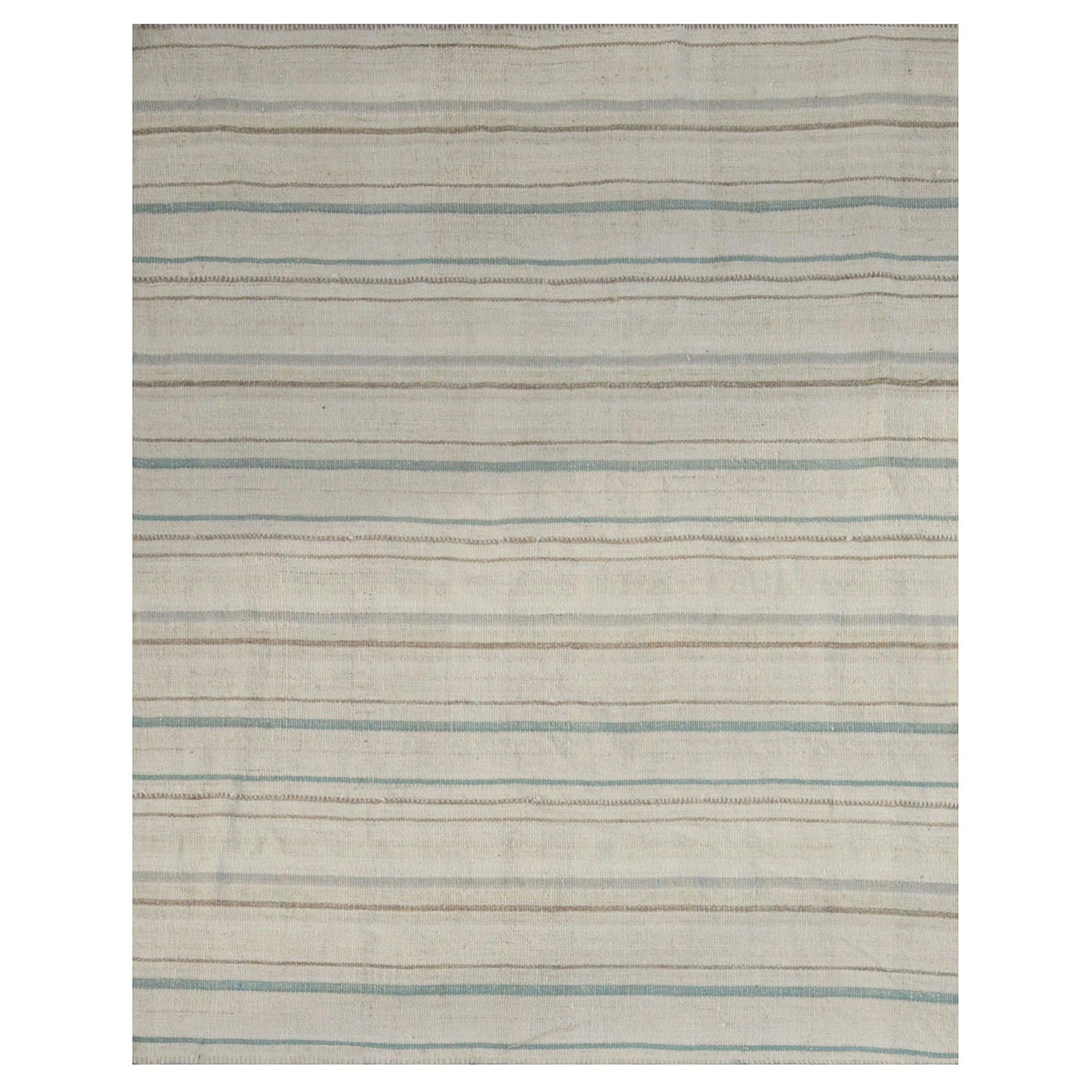 Modern Flat-Weave Kilim Rug in Ivory with Brown and Green Stripes