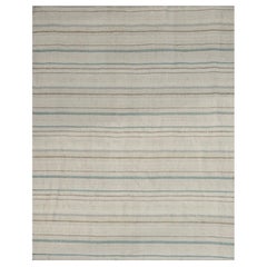 Tapis Kilim moderne à tissage plat en ivoire avec des rayures brunes et vertes