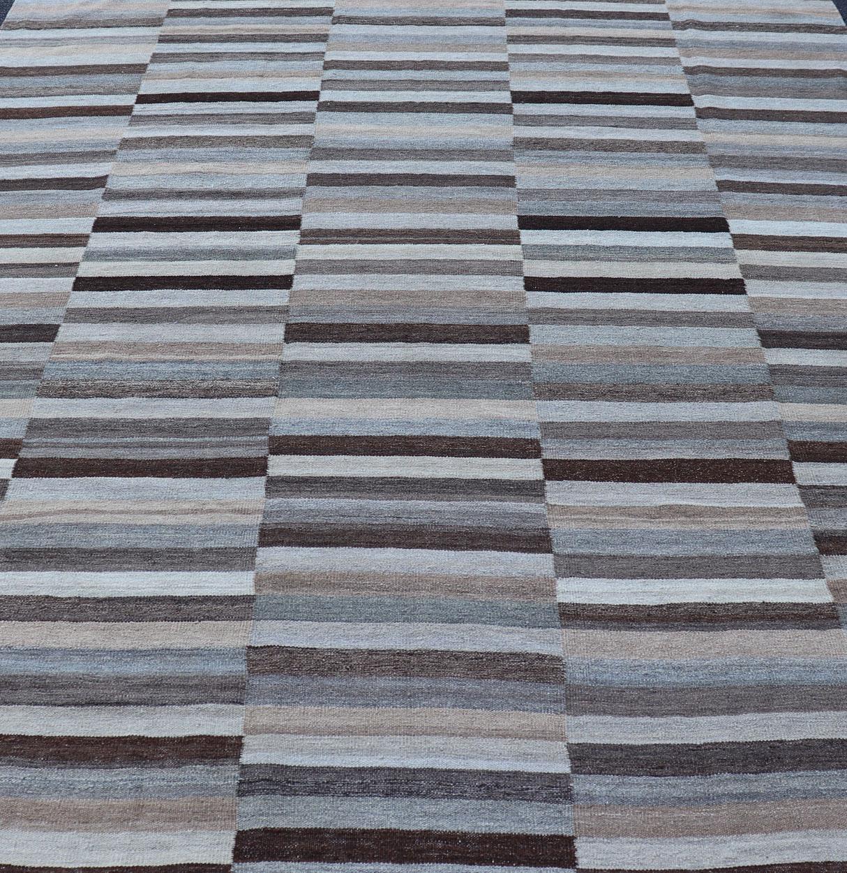 Modern Flat-Weave Kilim Rug in Multi-Panel Striped Design in Earthy Tones For Sale 3
