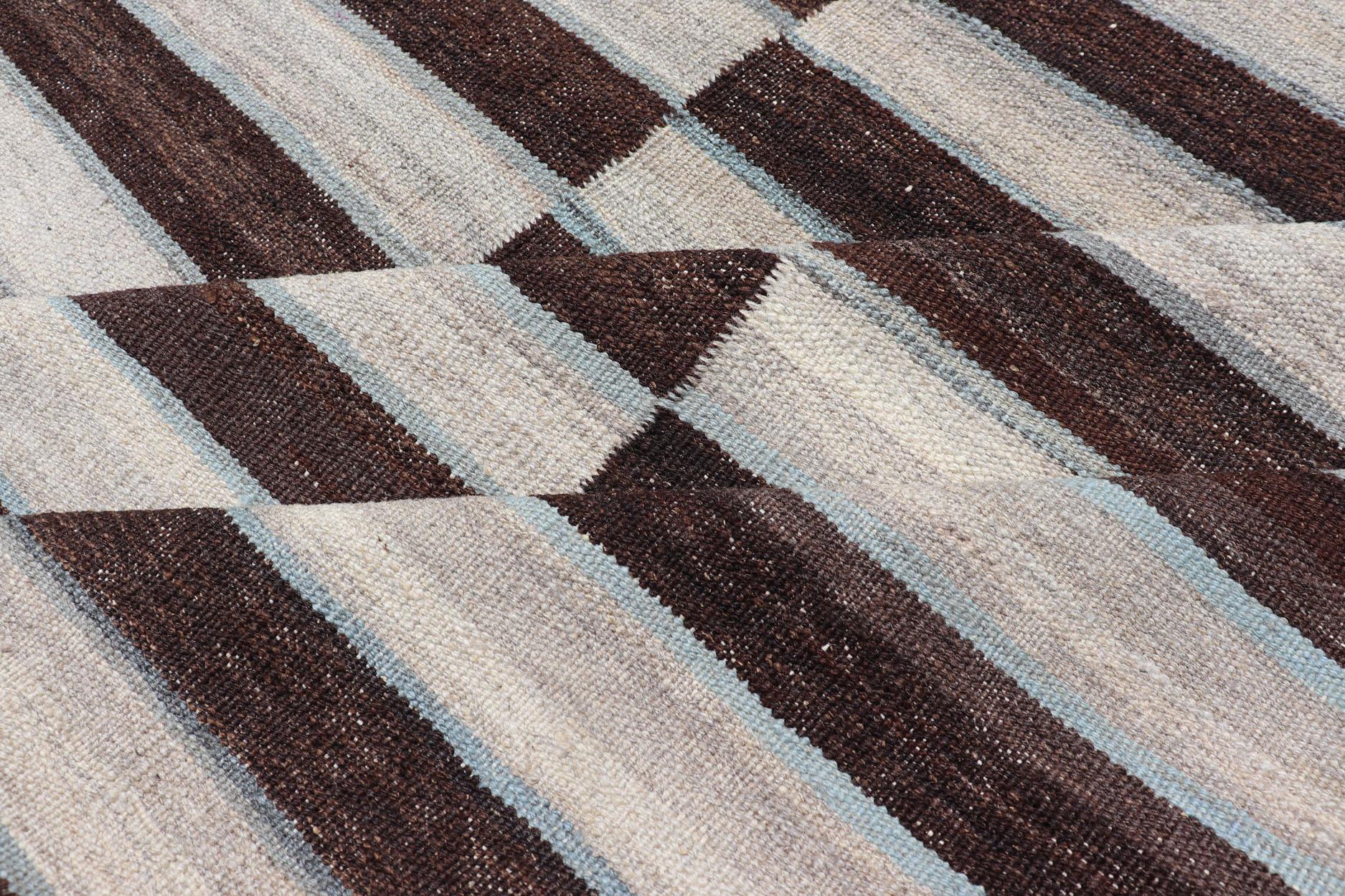 Modern Kilim Rug in Multi-Panel Striped Design with Chocolate Brown, cream  For Sale 4