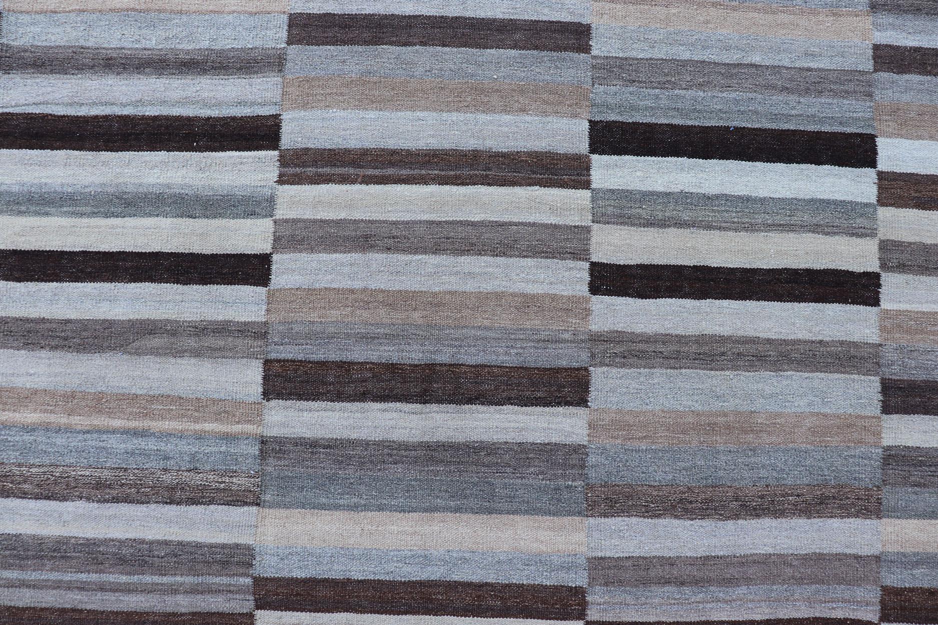 Modern Flat-Weave Kilim Rug in Multi-Panel Striped Design in Earthy Tones For Sale 5