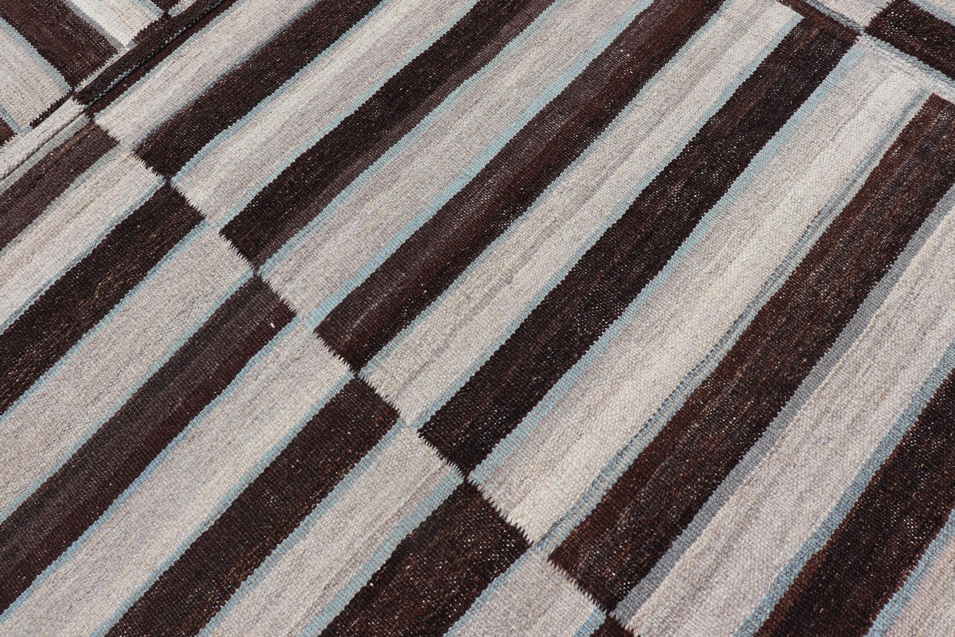 Modern Kilim Rug in Multi-Panel Striped Design with Chocolate Brown, cream  For Sale 5