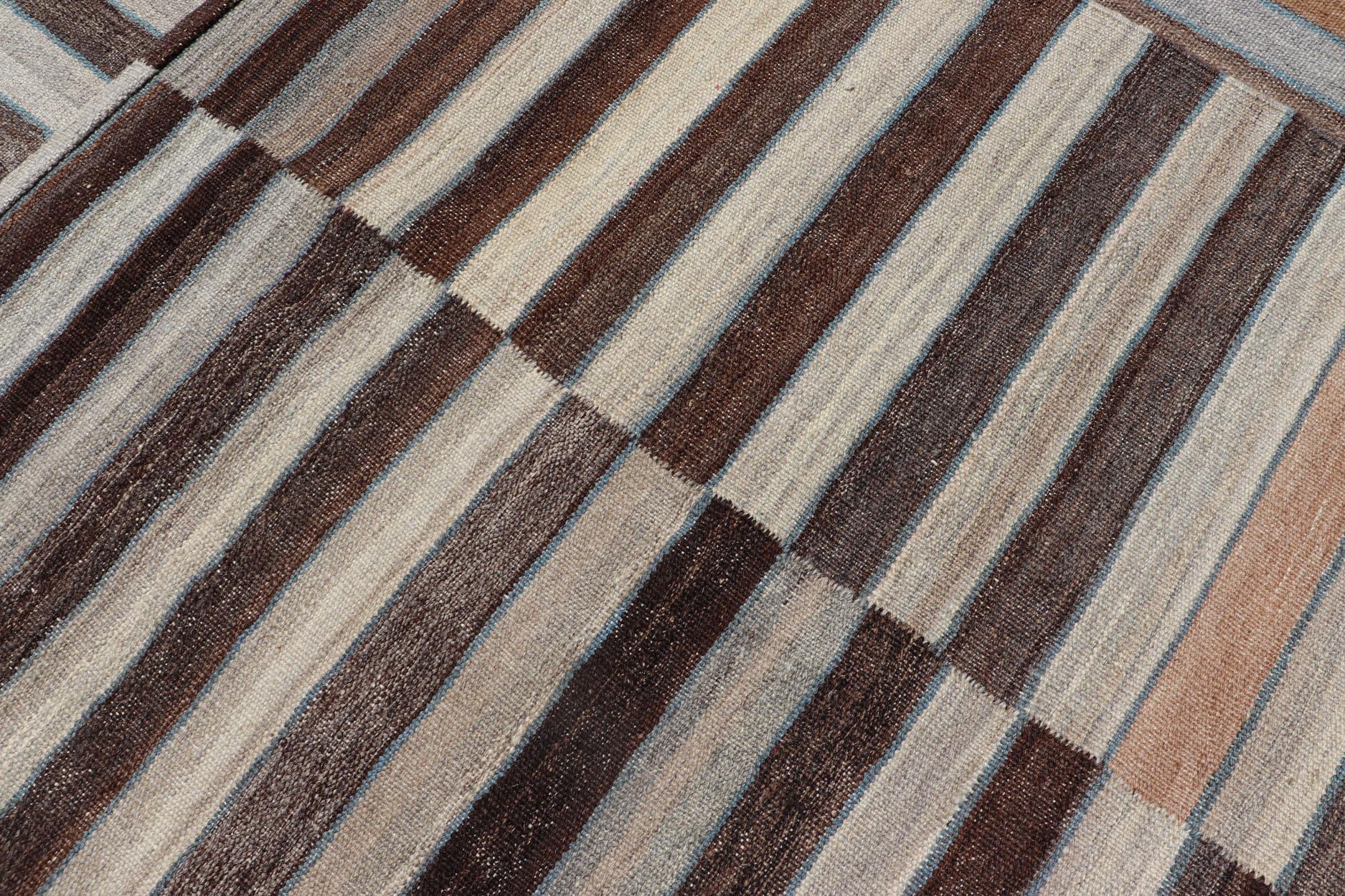 Modern Flat-Weave Kilim Rug in Multi-Panel Striped Design in Earthy Tones For Sale 4