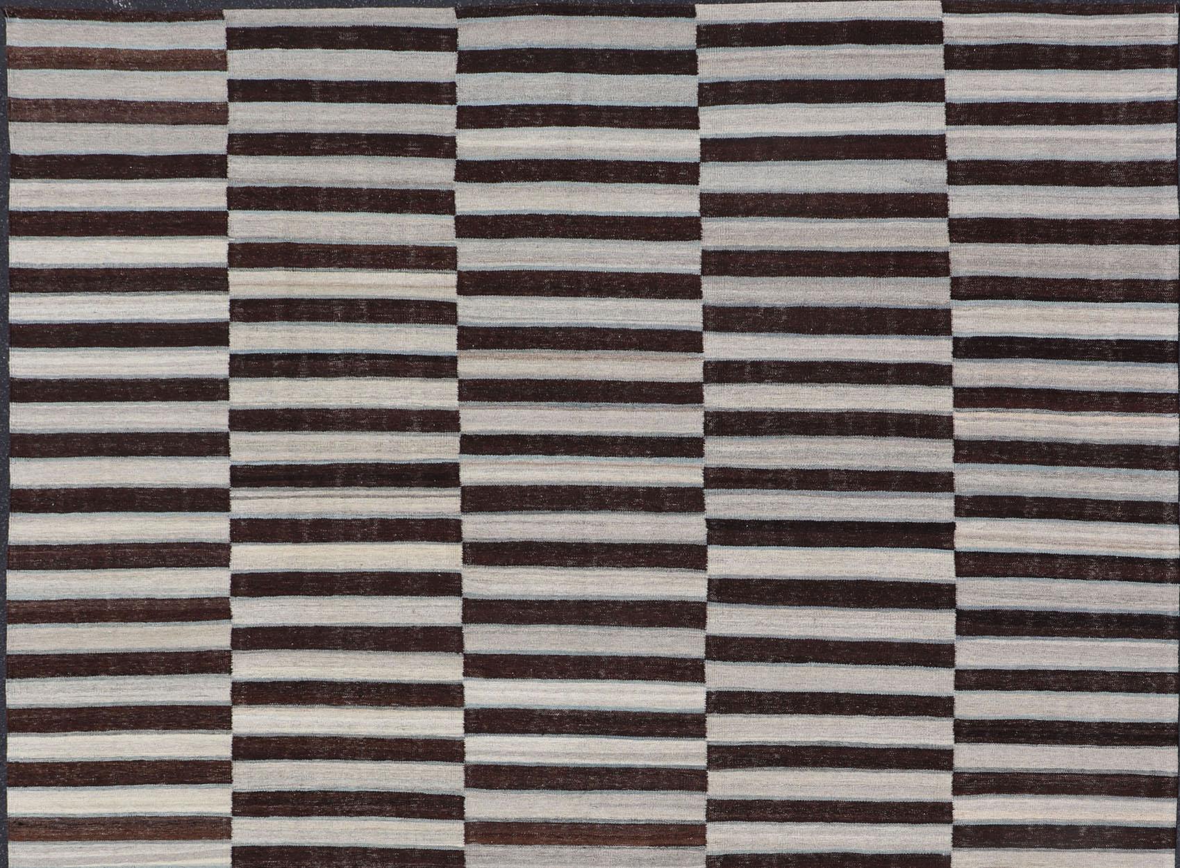  Modern Flat-Weave Kilim Rug in Multi-Panel Striped Design with Chocolate Brown, cream & Light blue

Modern flat-weave Kilim rug with stripes in shades of Chocolate Brown, cream & Light blue , gray and cream, Keivan Woven Arts / rug AFG-116, country