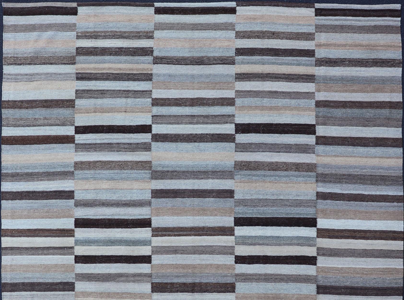 Afghan Modern Flat-Weave Kilim Rug in Multi-Panel Striped Design in Earthy Tones For Sale