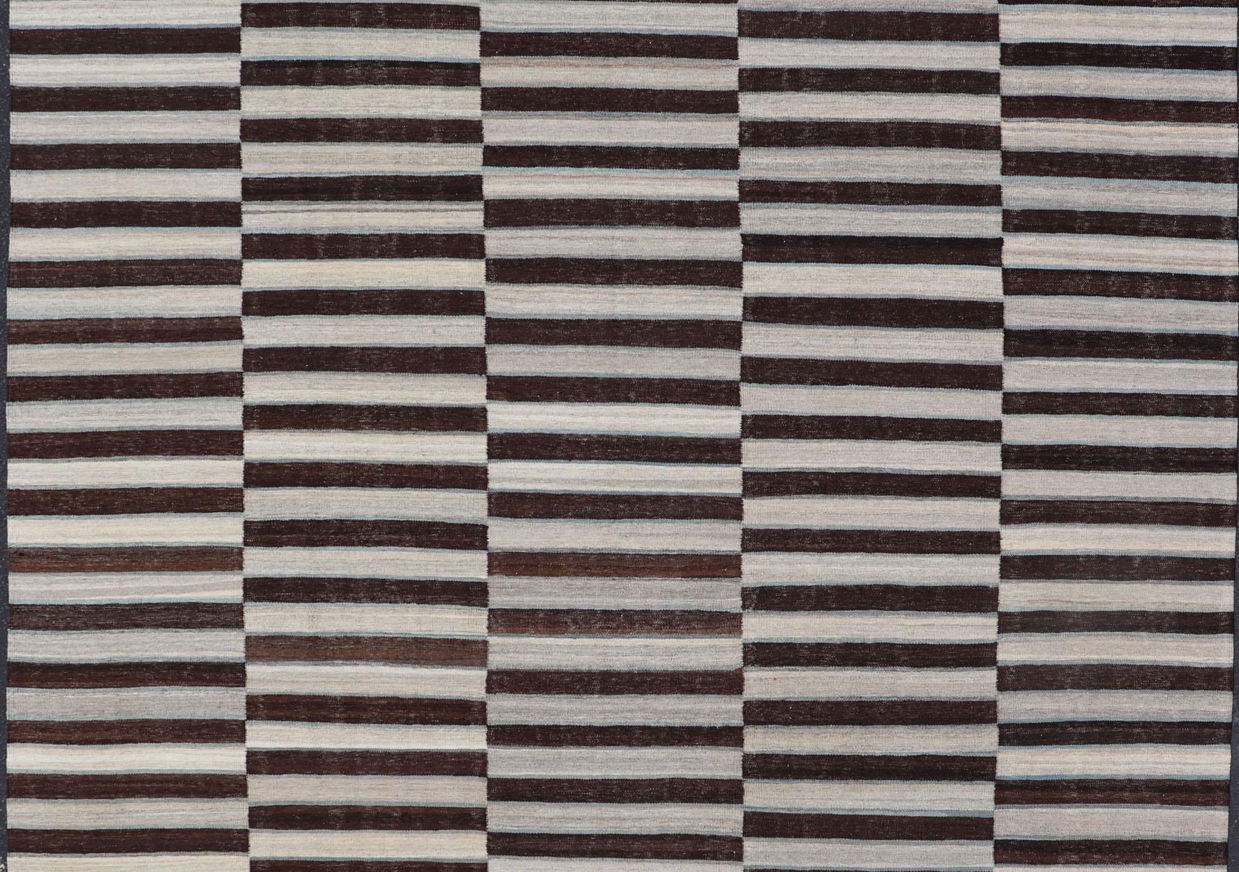 Afghan Modern Kilim Rug in Multi-Panel Striped Design with Chocolate Brown, cream  For Sale