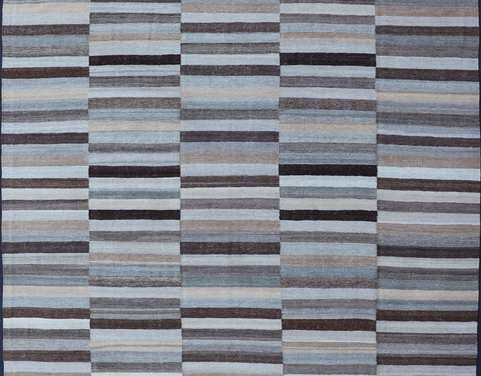 Hand-Woven Modern Flat-Weave Kilim Rug in Multi-Panel Striped Design in Earthy Tones For Sale