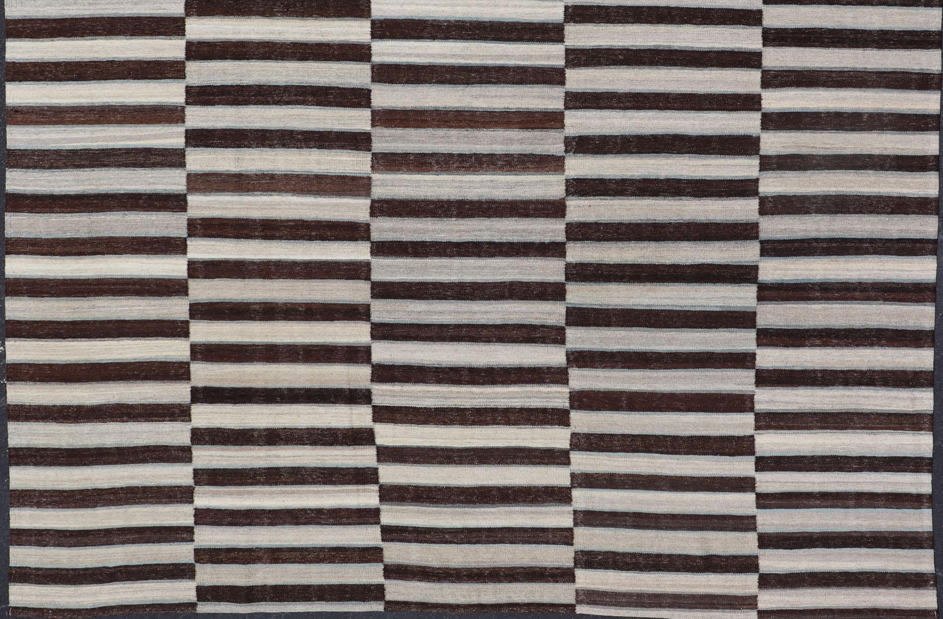 Hand-Woven Modern Kilim Rug in Multi-Panel Striped Design with Chocolate Brown, cream  For Sale