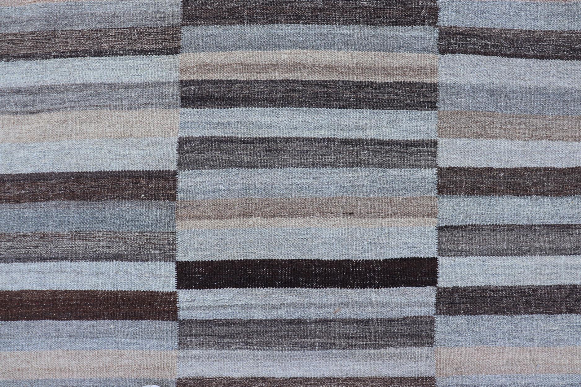 Modern Flat-Weave Kilim Rug in Multi-Panel Striped Design in Earthy Tones In New Condition For Sale In Atlanta, GA