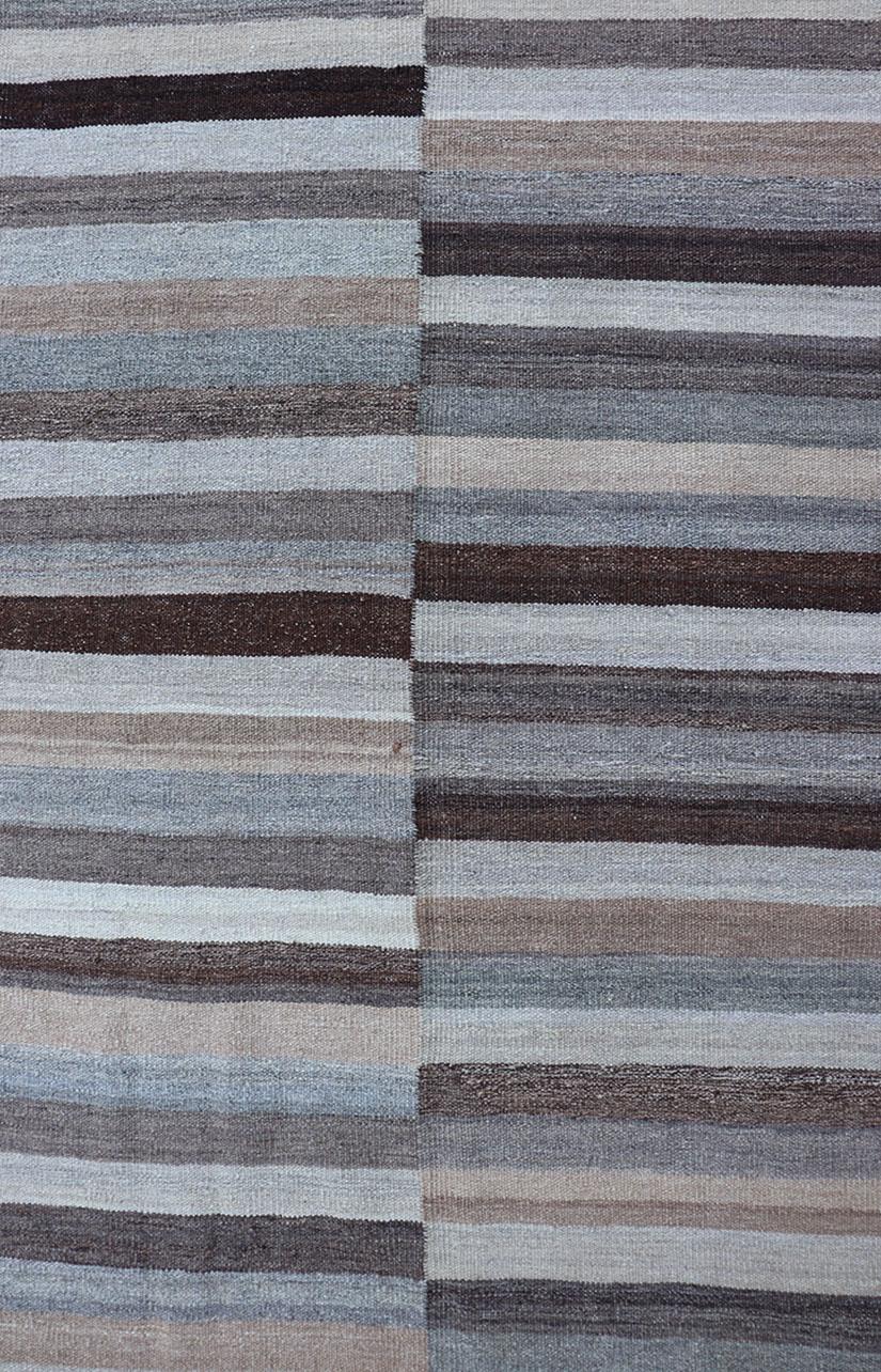 Contemporary Modern Flat-Weave Kilim Rug in Multi-Panel Striped Design in Earthy Tones For Sale