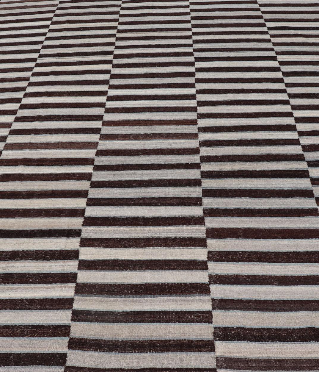 Contemporary Modern Kilim Rug in Multi-Panel Striped Design with Chocolate Brown, cream  For Sale