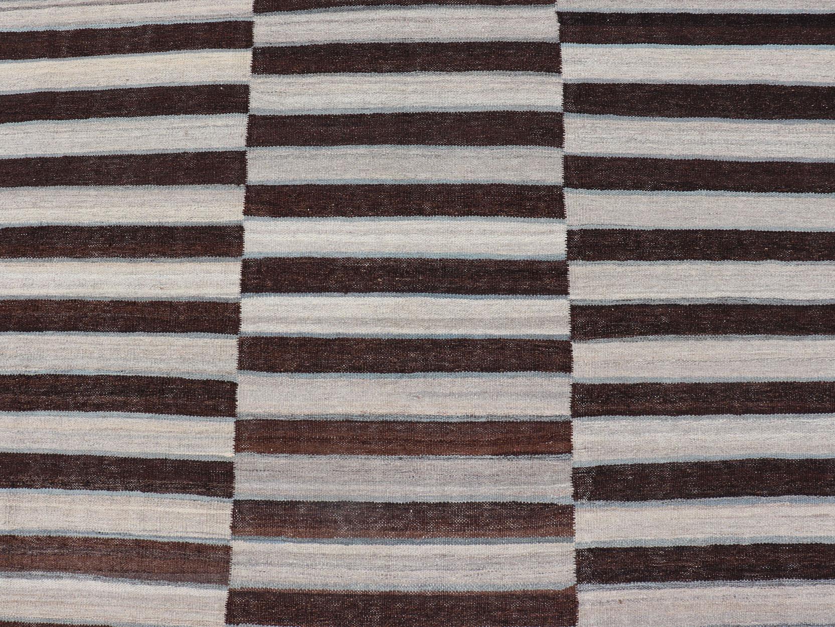 Modern Kilim Rug in Multi-Panel Striped Design with Chocolate Brown, cream  For Sale 1