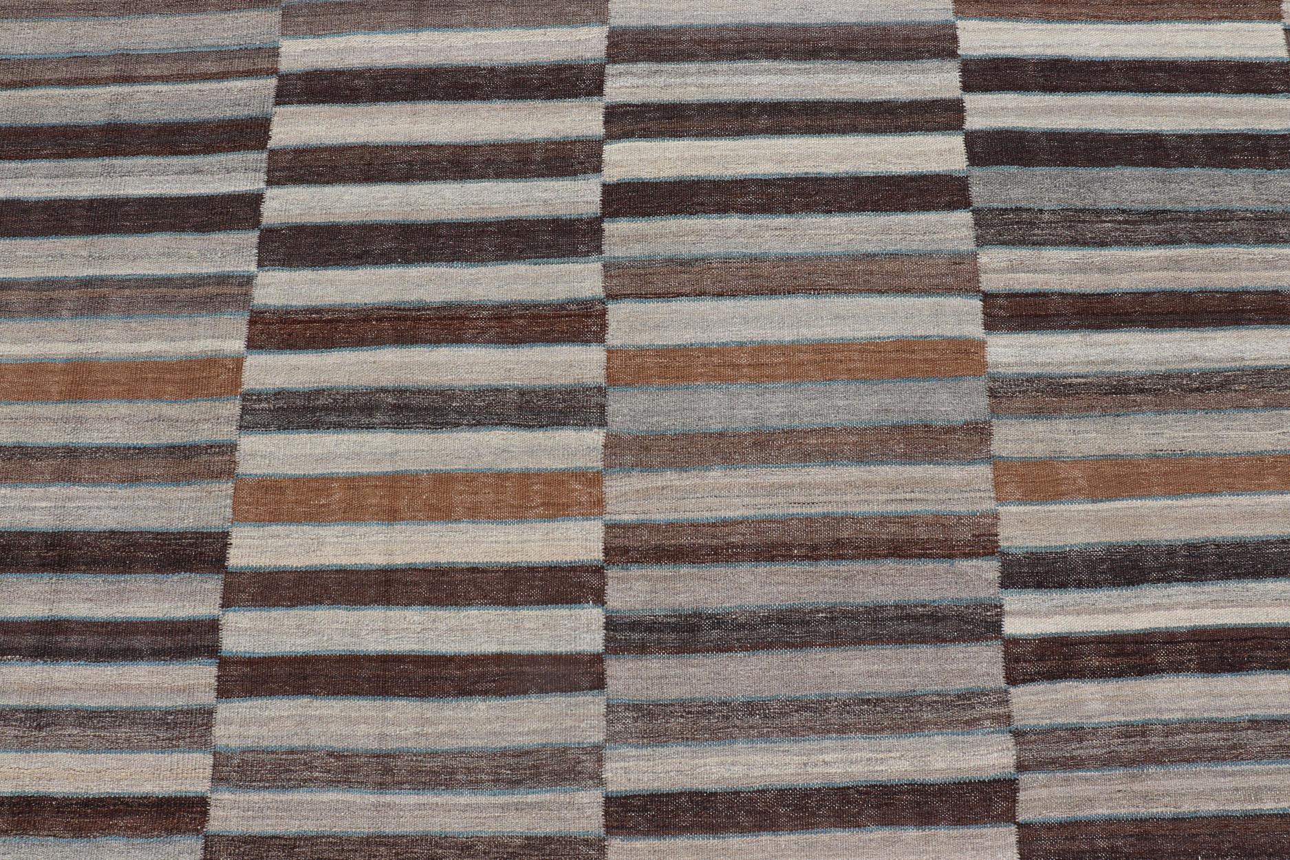 Wool Modern Flat-Weave Kilim Rug in Multi-Panel Striped Design in Earthy Tones For Sale