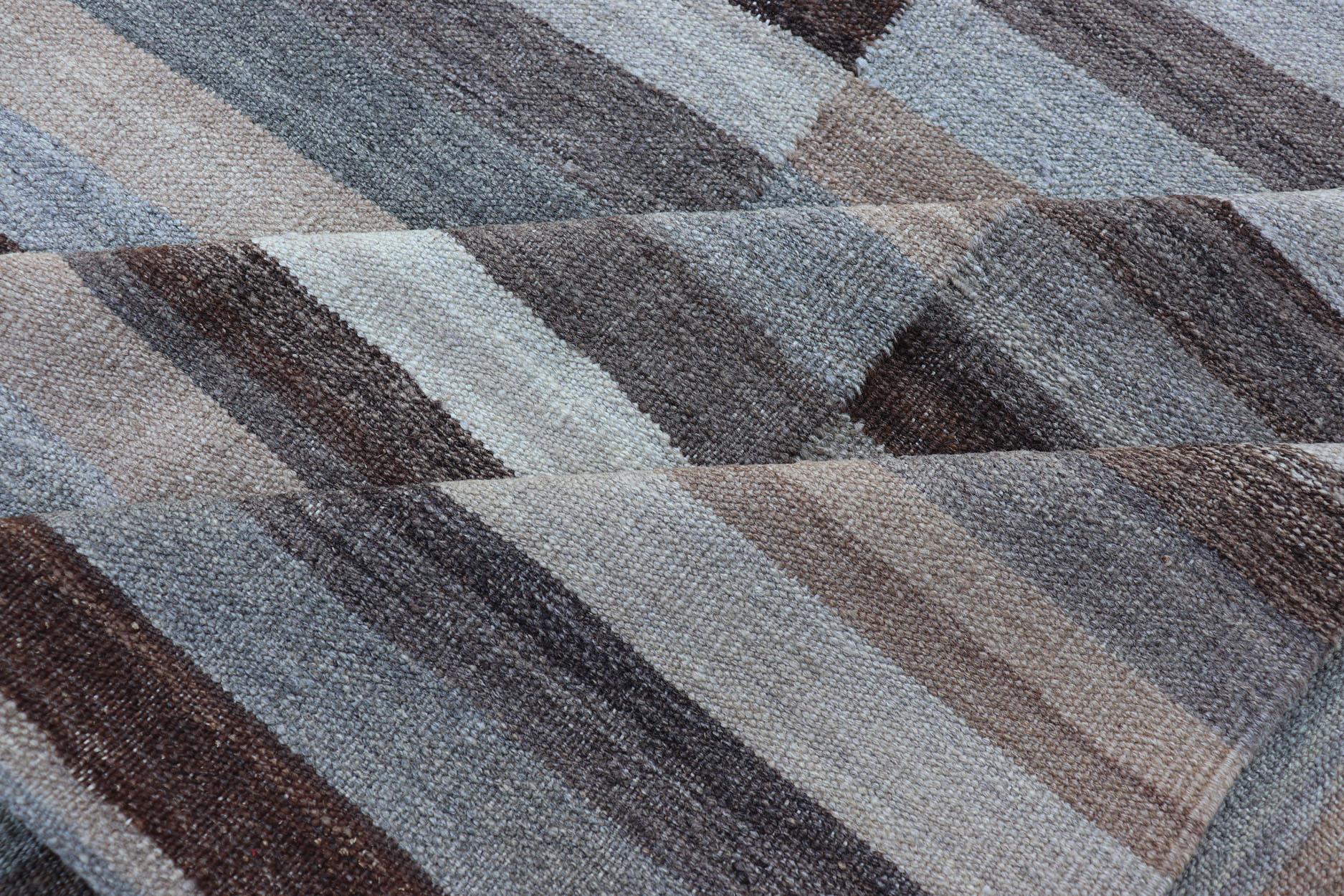 Modern Flat-Weave Kilim Rug in Multi-Panel Striped Design in Earthy Tones For Sale 2