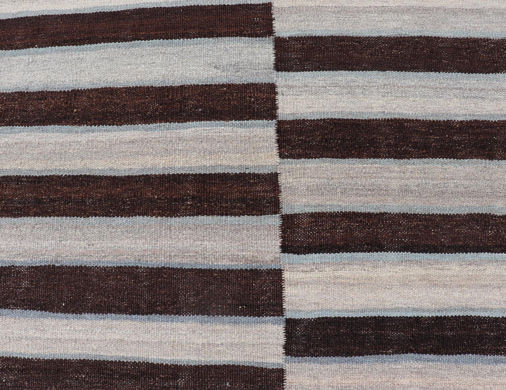 Modern Kilim Rug in Multi-Panel Striped Design with Chocolate Brown, cream  For Sale 2
