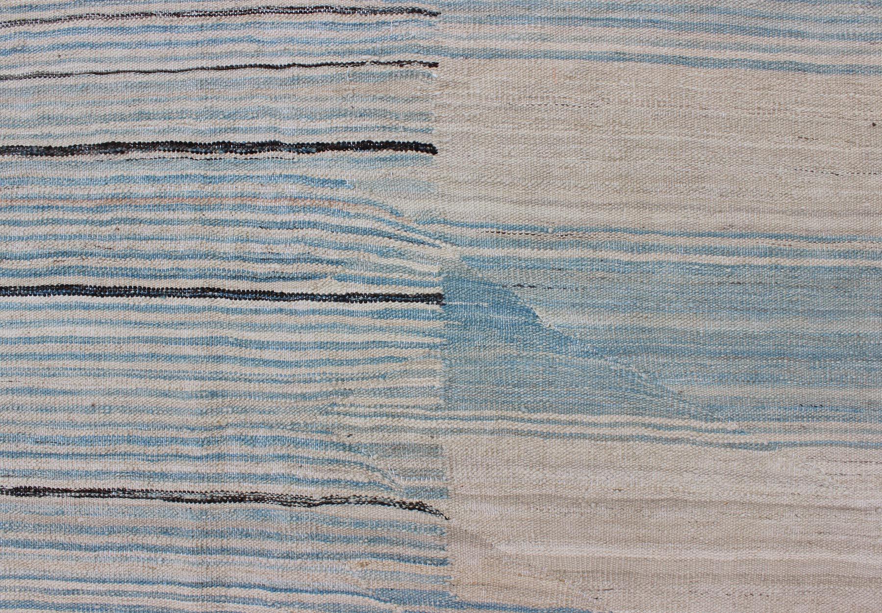 Modern Flat-Weave Kilim Rug in Three Panel Striped Design in Ocean Blue & Taupe 3