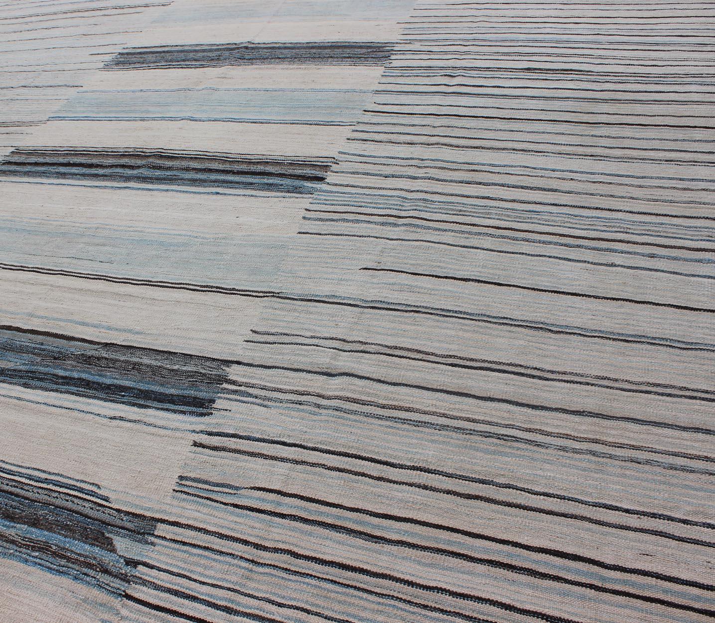 Modern Flat-Weave Kilim Rug in Three Panel Striped Design in Ocean Blue & Taupe 4