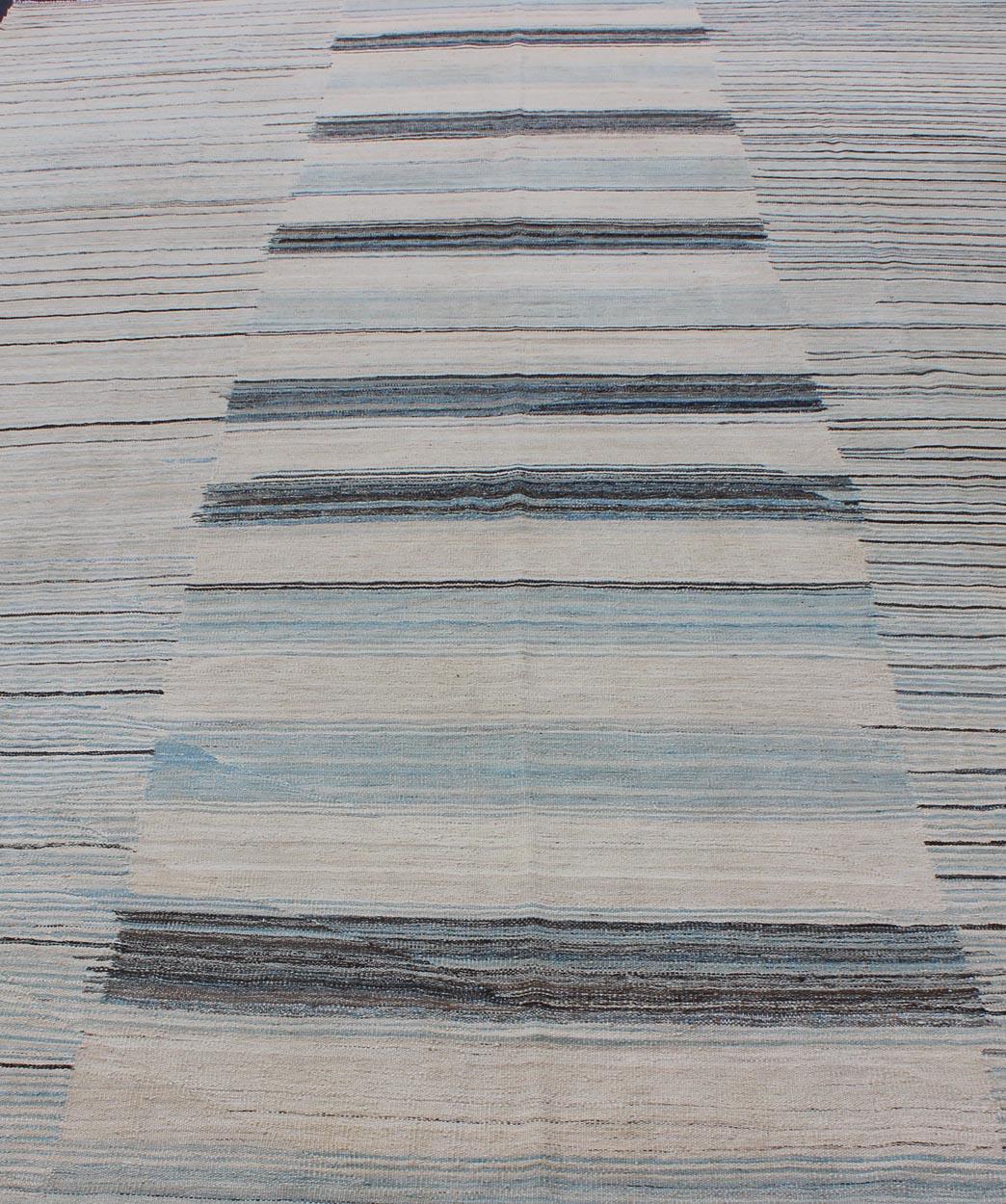 Modern Flat-Weave Kilim Rug in Three Panel Striped Design in Ocean Blue & Taupe 5