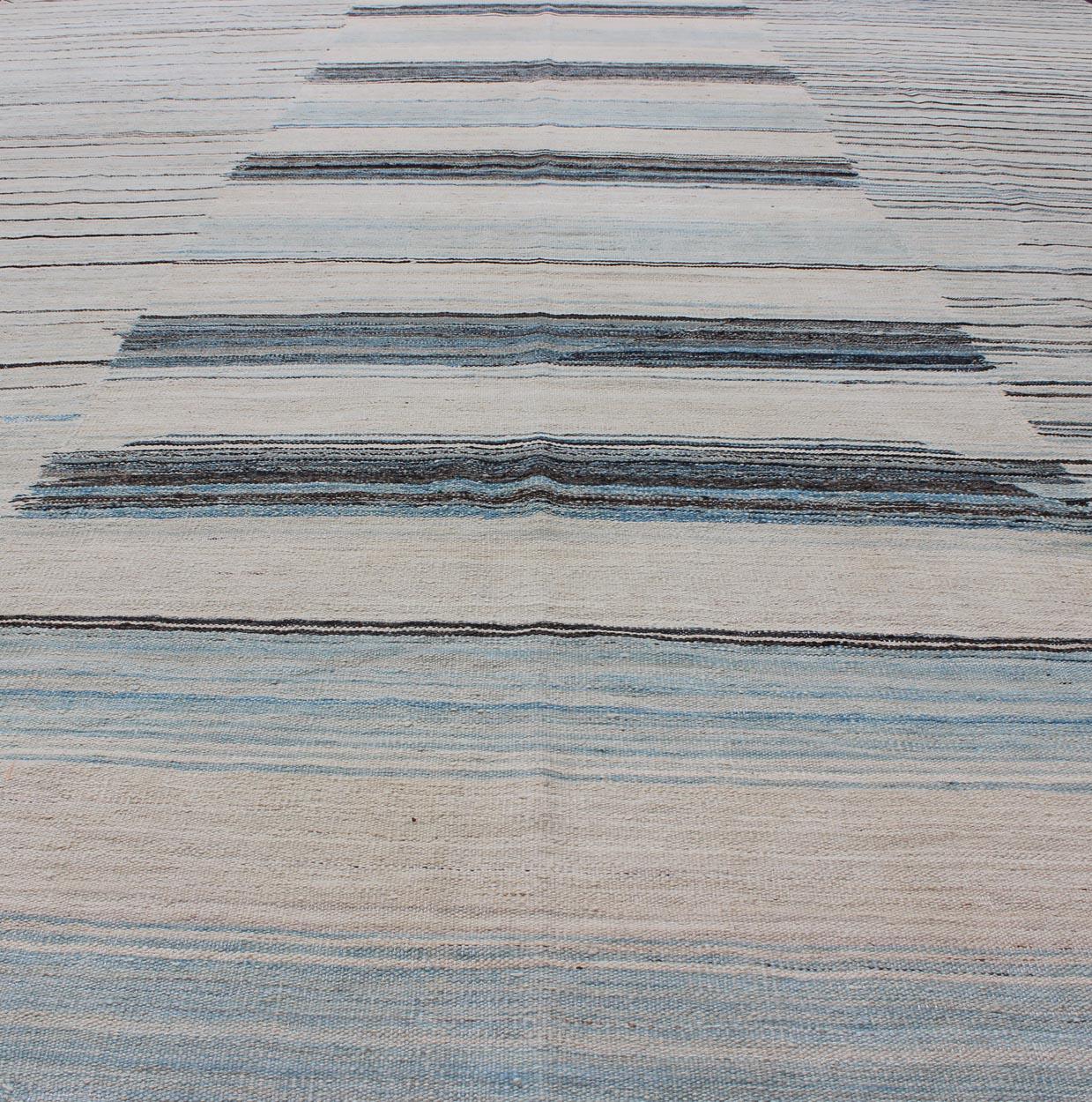 Modern Flat-Weave Kilim Rug in Three Panel Striped Design in Ocean Blue & Taupe 6