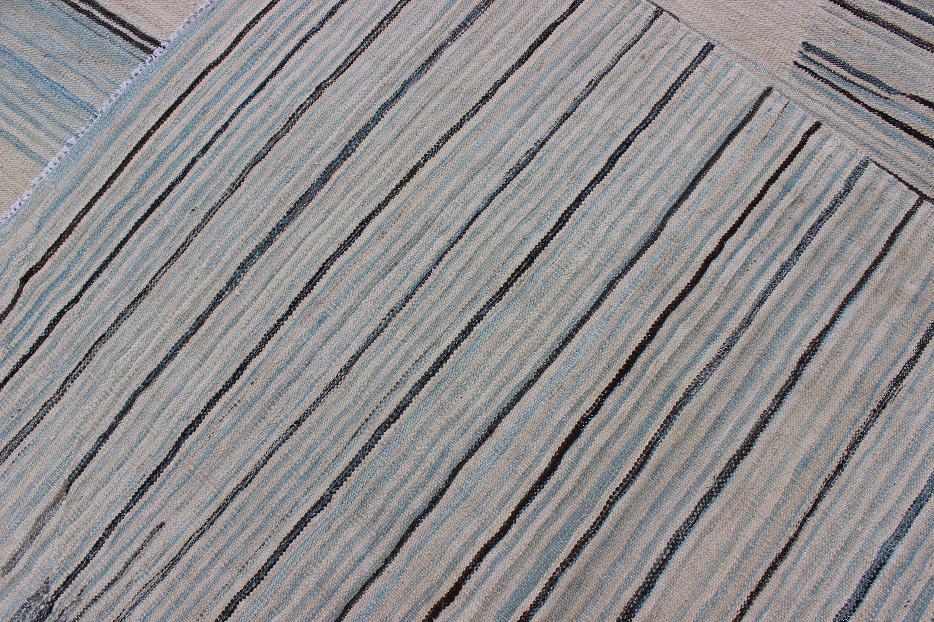 Modern Flat-Weave Kilim Rug in Three Panel Striped Design in Ocean Blue & Taupe 7