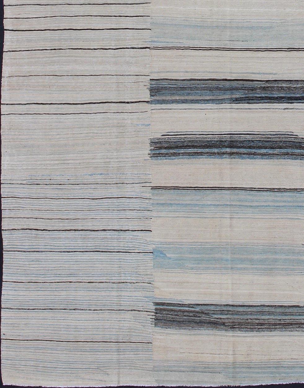 Afghan Modern Flat-Weave Kilim Rug in Three Panel Striped Design in Ocean Blue & Taupe
