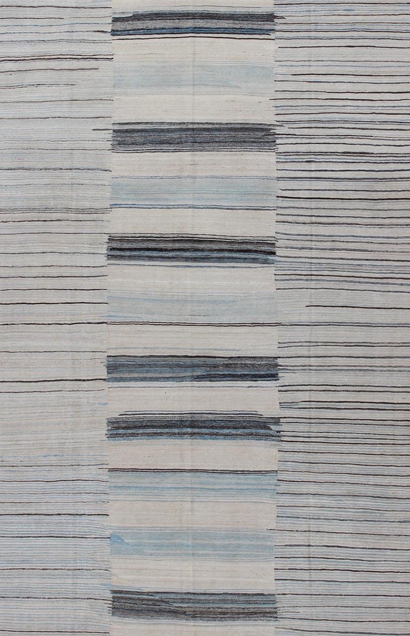 Hand-Woven Modern Flat-Weave Kilim Rug in Three Panel Striped Design in Ocean Blue & Taupe