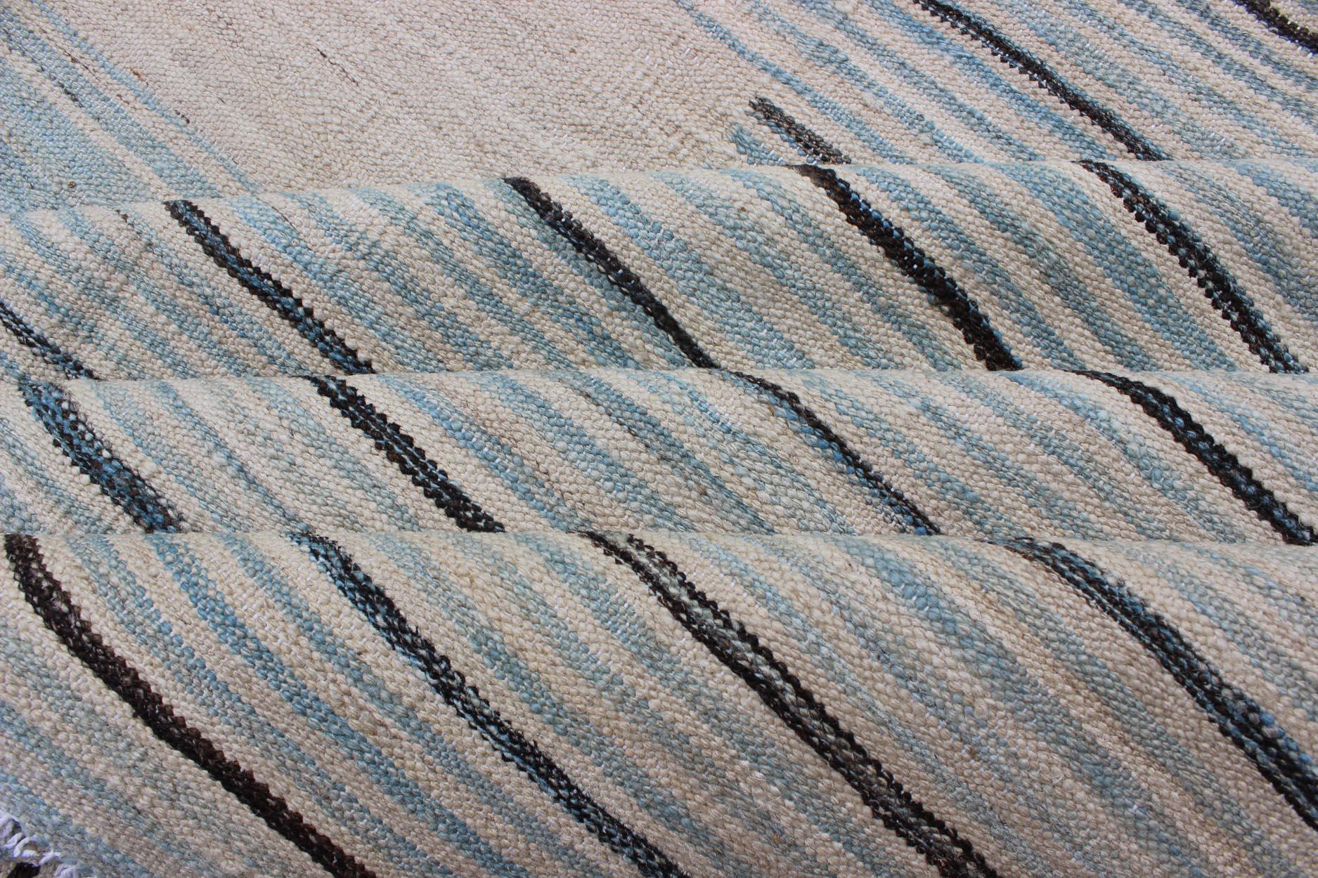 Contemporary Modern Flat-Weave Kilim Rug in Three Panel Striped Design in Ocean Blue & Taupe