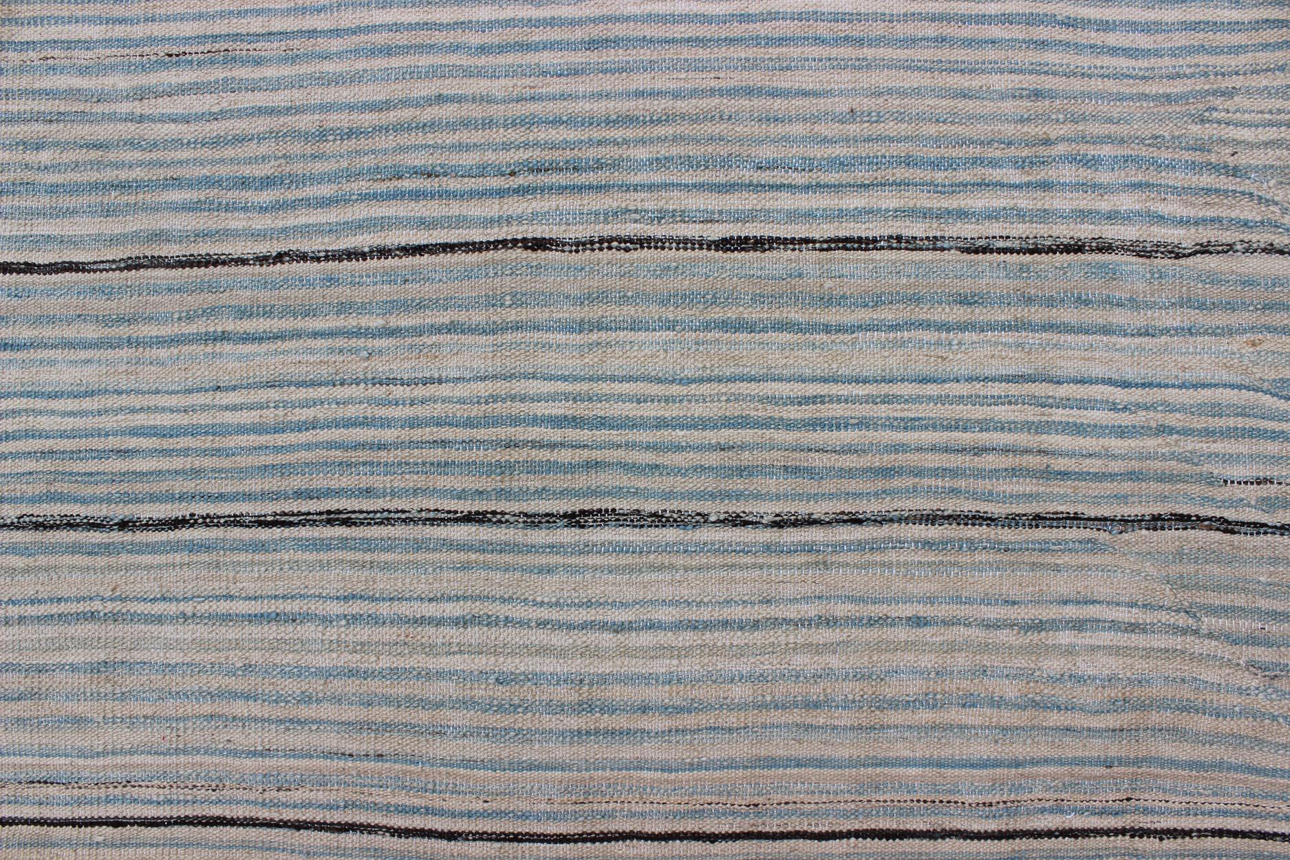 Wool Modern Flat-Weave Kilim Rug in Three Panel Striped Design in Ocean Blue & Taupe