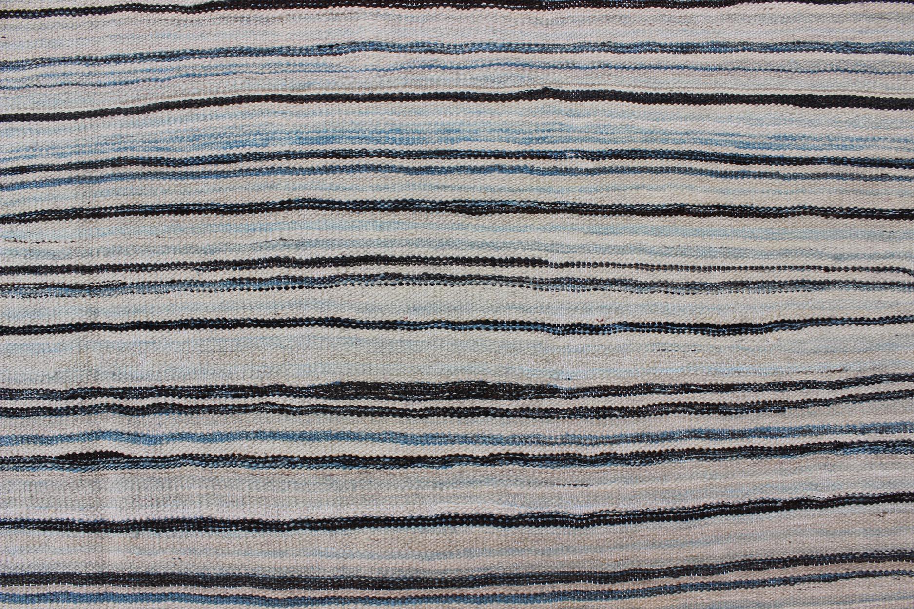 Modern Flat-Weave Kilim Rug in Three Panel Striped Design in Ocean Blue & Taupe 1